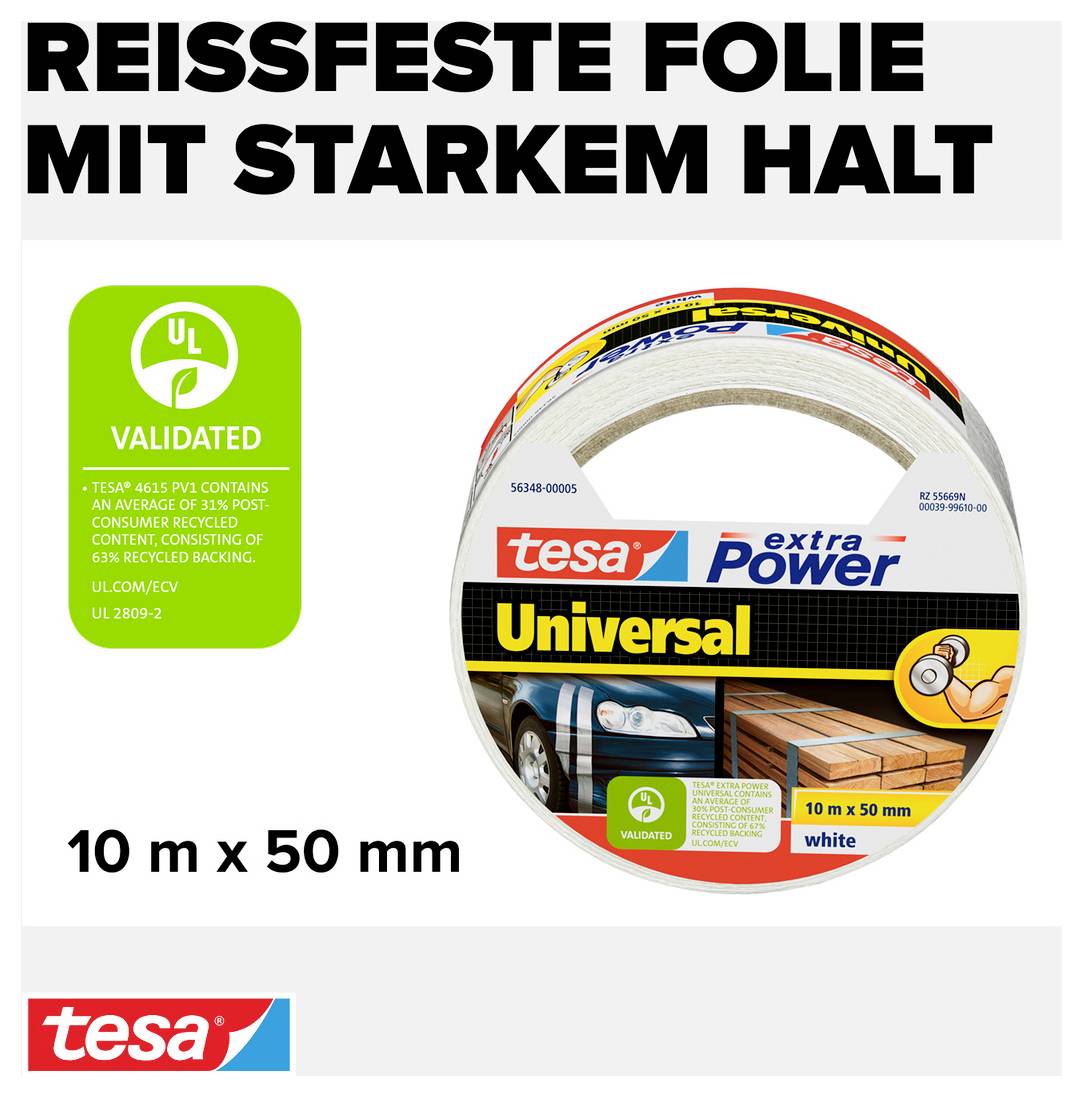 Verpackung von Tesa Universal extra Power in Weiß, Größe 10m x 50mm. Reißfeste Folie mit starkem Halt. UL validiert.
