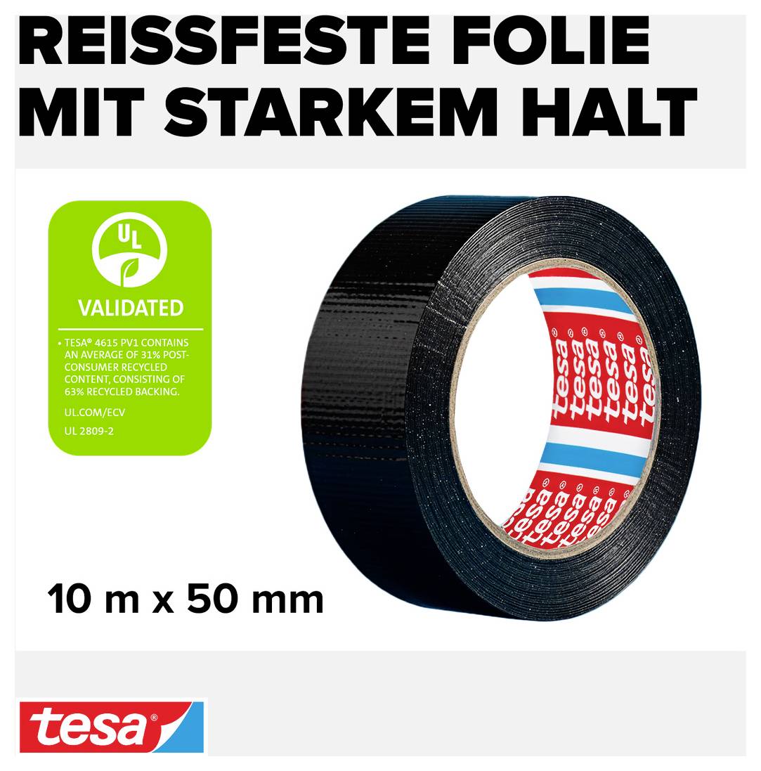 Schwarzes Klebeband, reißfest mit starkem Halt, Maße: 10 m x 50 mm. Tesa-Marke, UL validiert, 65% recyceltes Material.