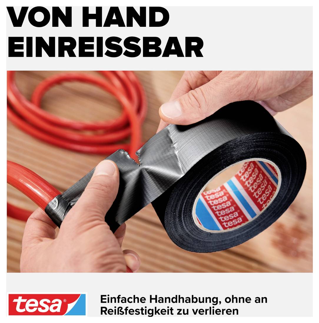 'Eine Person reißt leicht ein Stück schwarzes Klebeband von einer Rolle ab. Der Text sagt: 