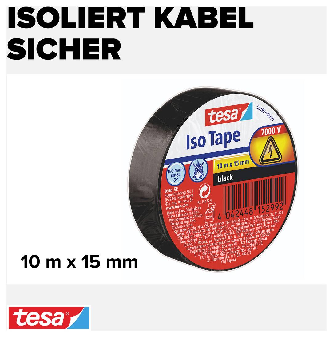 TESA 56192-00010-22 Isolierband Schwarz (L x B) 10m x 15mm