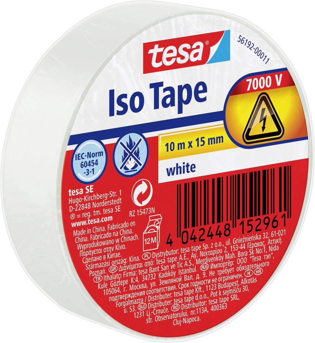 Tesa Iso Klebeband für elektrische Isolierung. Spezifikationen: 10m x 15mm, 7000V, weiß. Entspricht der IEC-Norm 60454-3-1.