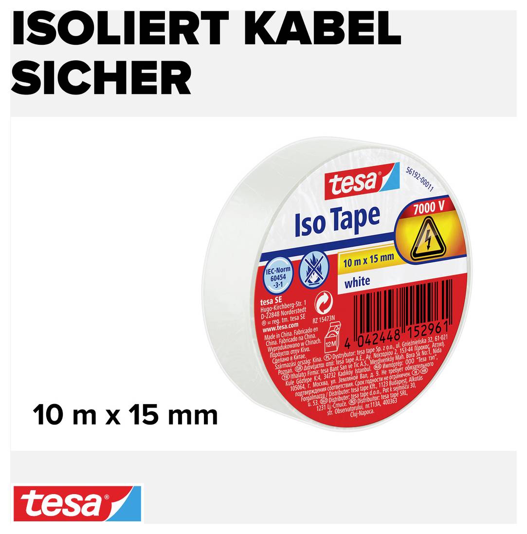 'Iso Tape' weiße Klebebandrolle, 10 m x 15 mm, geeignet für 7000 V. Verpackung mit Produktdetails und tesa-Logo.