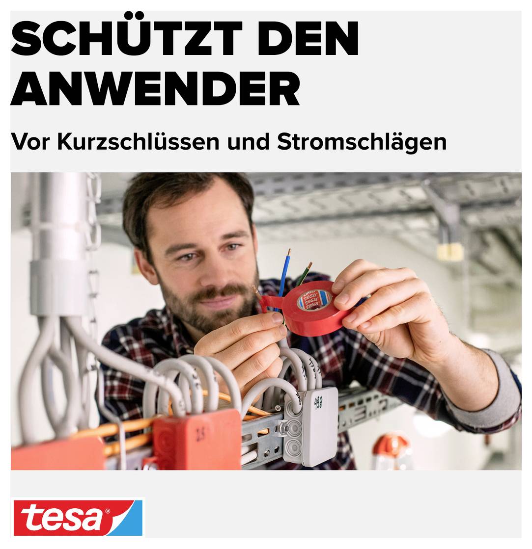 Mann arbeitet an elektrischen Leitungen. Text: 'Schützt den Anwender vor Kurzschlüssen und Stromschlägen.'