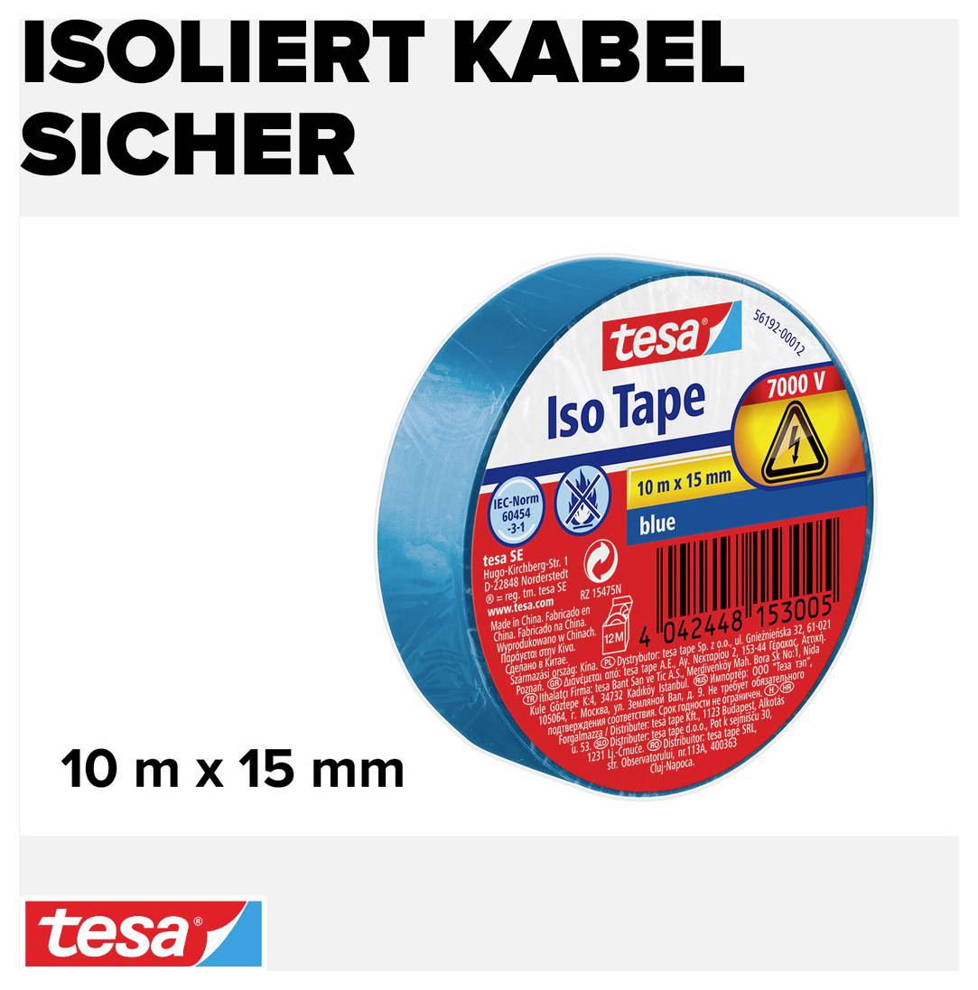 Das Bild zeigt eine Rolle Tesa Iso Tape in Blau, geeignet für 7000 V, 10 m x 15 mm. Oben steht der Text 'Isoliert Kabel sicher'.