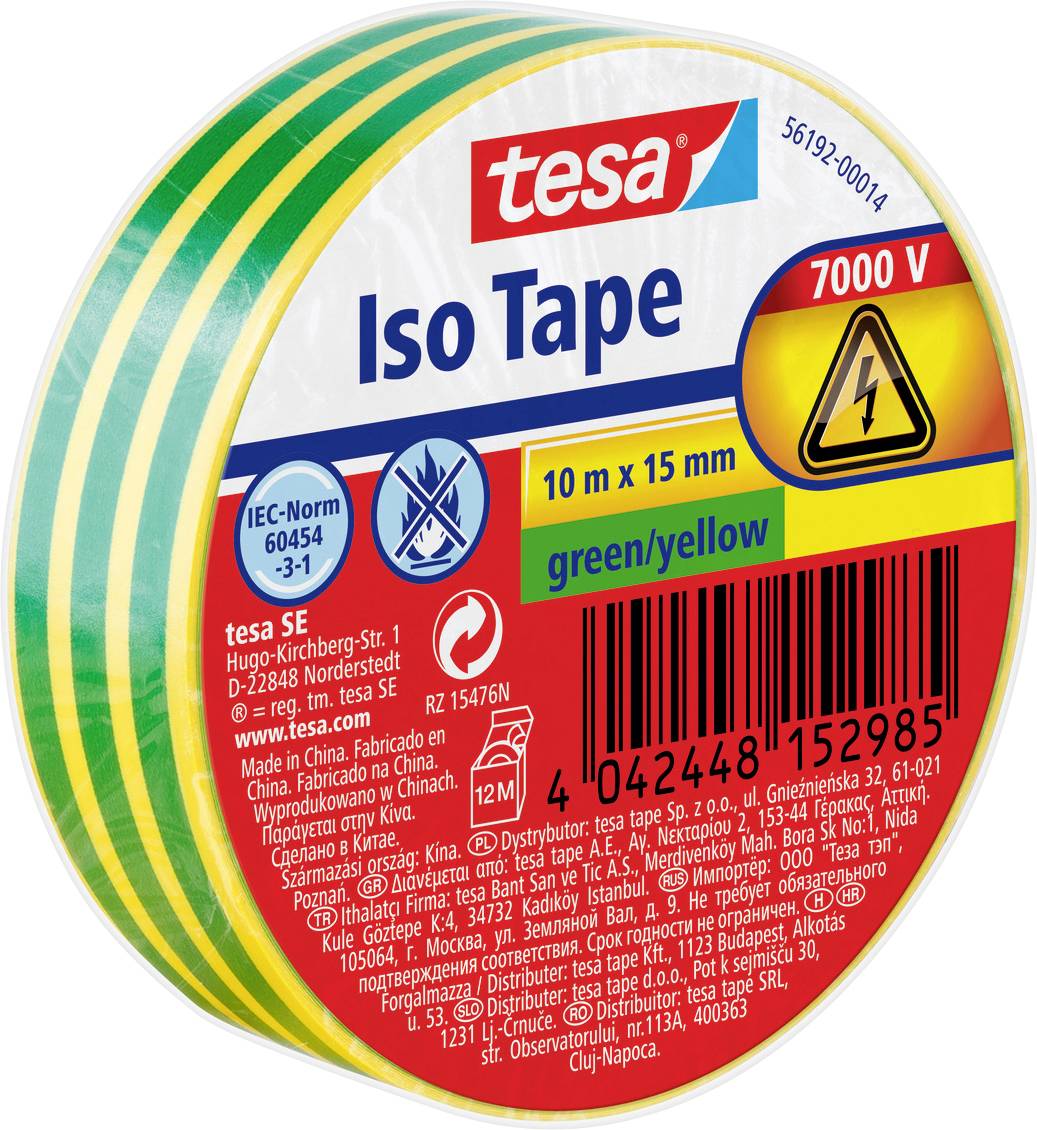 'tesa Iso Tape' packaging with safety symbols and specifications. Tape is green/yellow, 10m x 15mm, suitable for 7000V voltage.