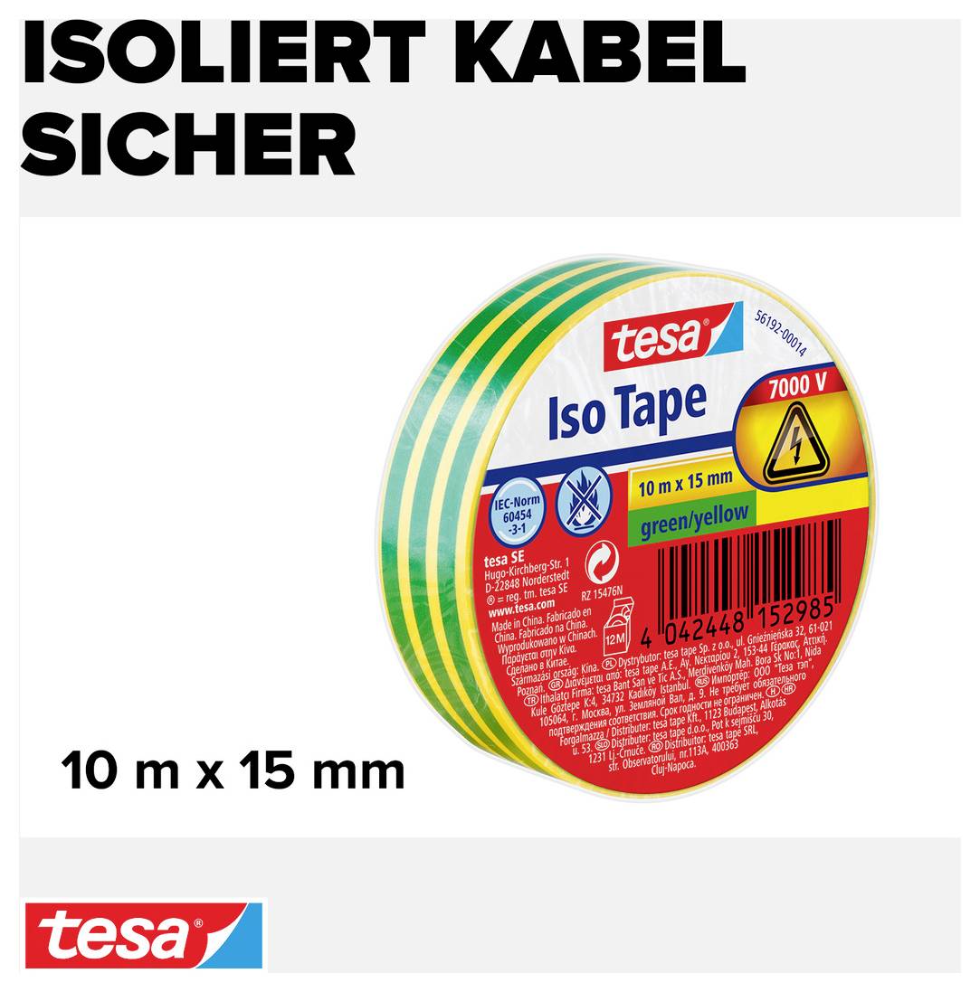 'Iso Tape' von Tesa, 7000V, grün/gelb, 10m x 15mm. Aufdruck 'Isoliert Kabel sicher'. Geeignet für elektrische Isolation.
