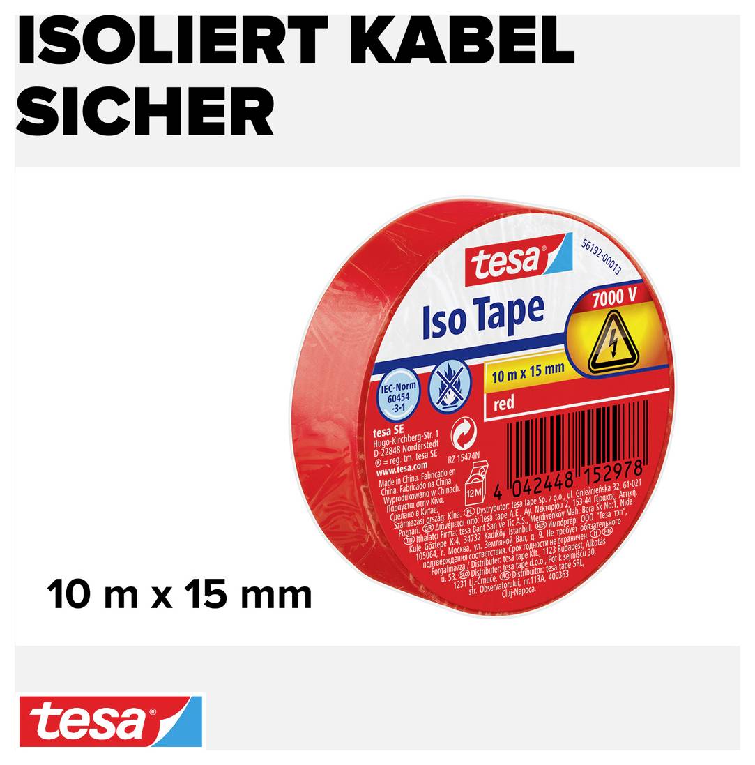 'Iso Tape' von Tesa, 10 m x 15 mm, rot. Das Klebeband ist mit einem Sicherungssymbol gekennzeichnet und für elektrische Anwendungen geeignet.