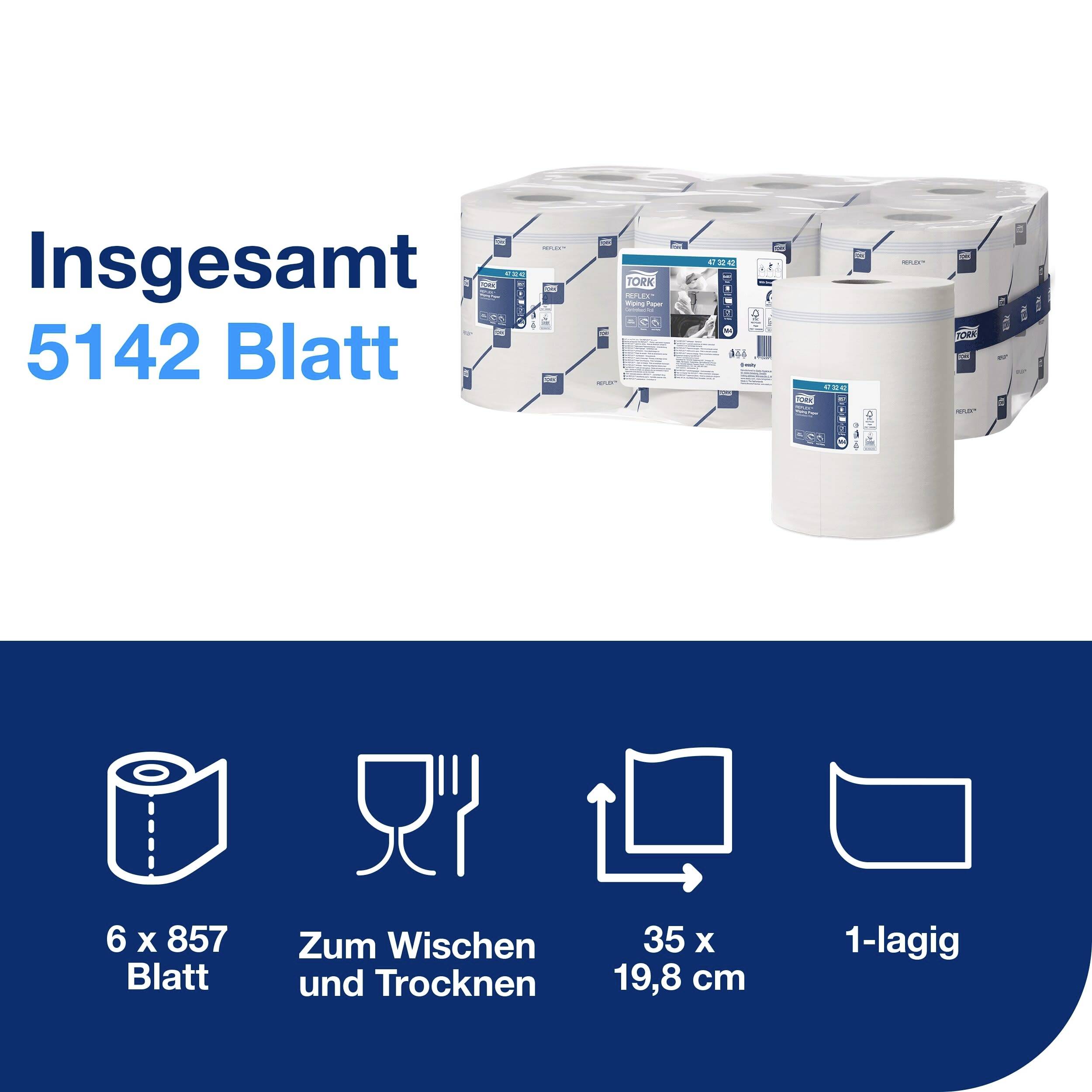 'Insgesamt 5142 Blatt' zeigt sechs Packungen Papierrollen mit je 857 Blättern, geeignet zum Wischen und Trocknen, Maße 35 x 19,8 cm, 1-lagig.