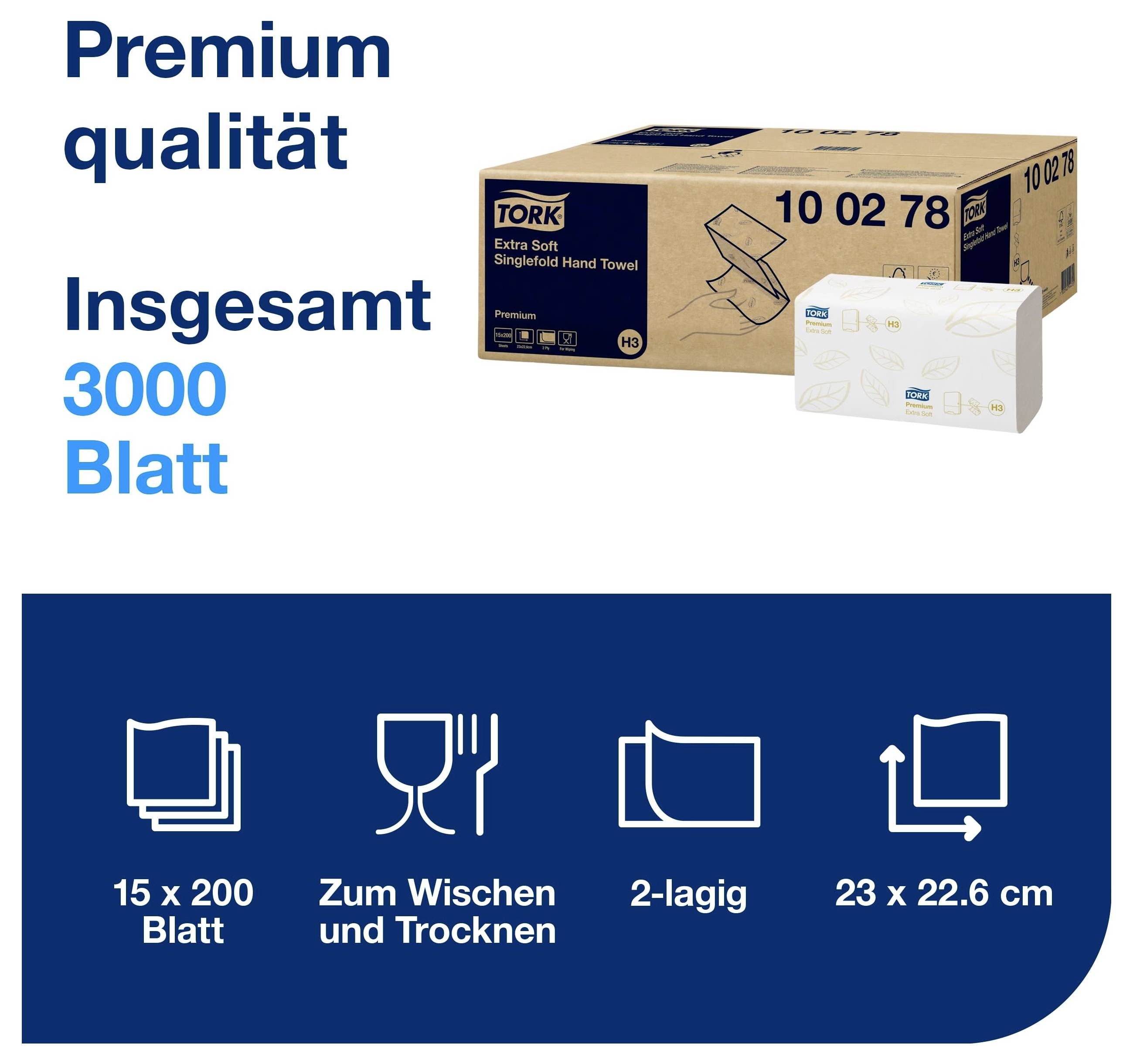 Werbegrafik für TORK Premium-Papiertücher: insgesamt 3000 Blatt, 2-lagig, 15 x 200 Blatt, zum Wischen und Trocknen, 23 x 22,6 cm.