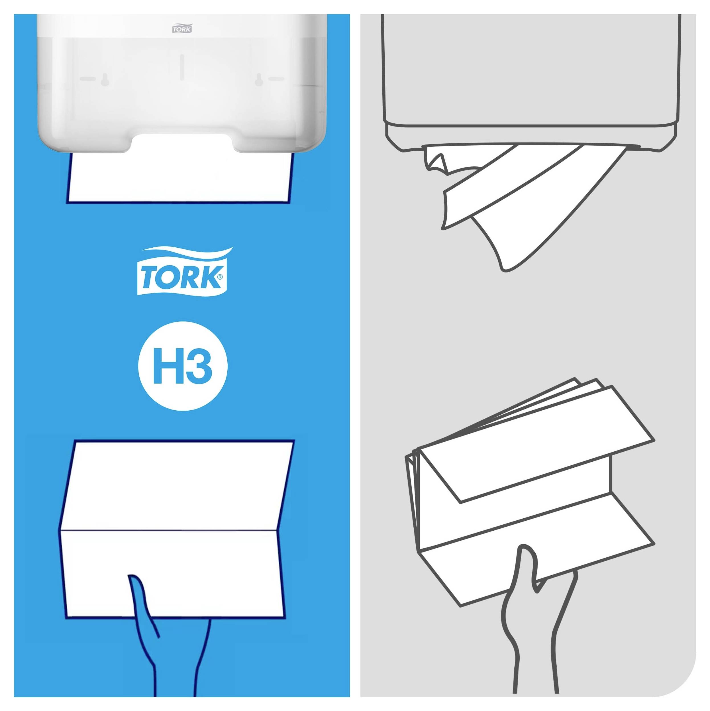 Tork H3 Papierhandtuchspender mit Einlegevorgang: gefaltete Handtücher werden unten eingelegt bzw. entnommen.