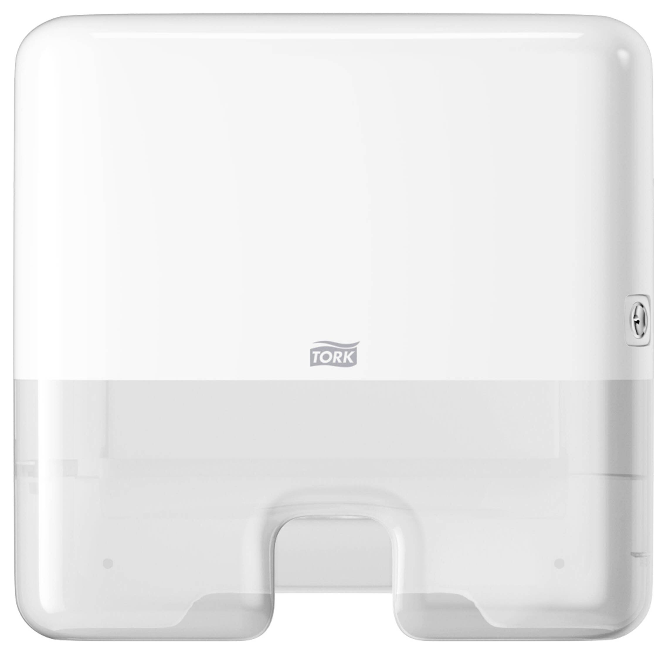 White Tork paper towel dispenser with translucent lower cover and front lock, shown against a plain background.