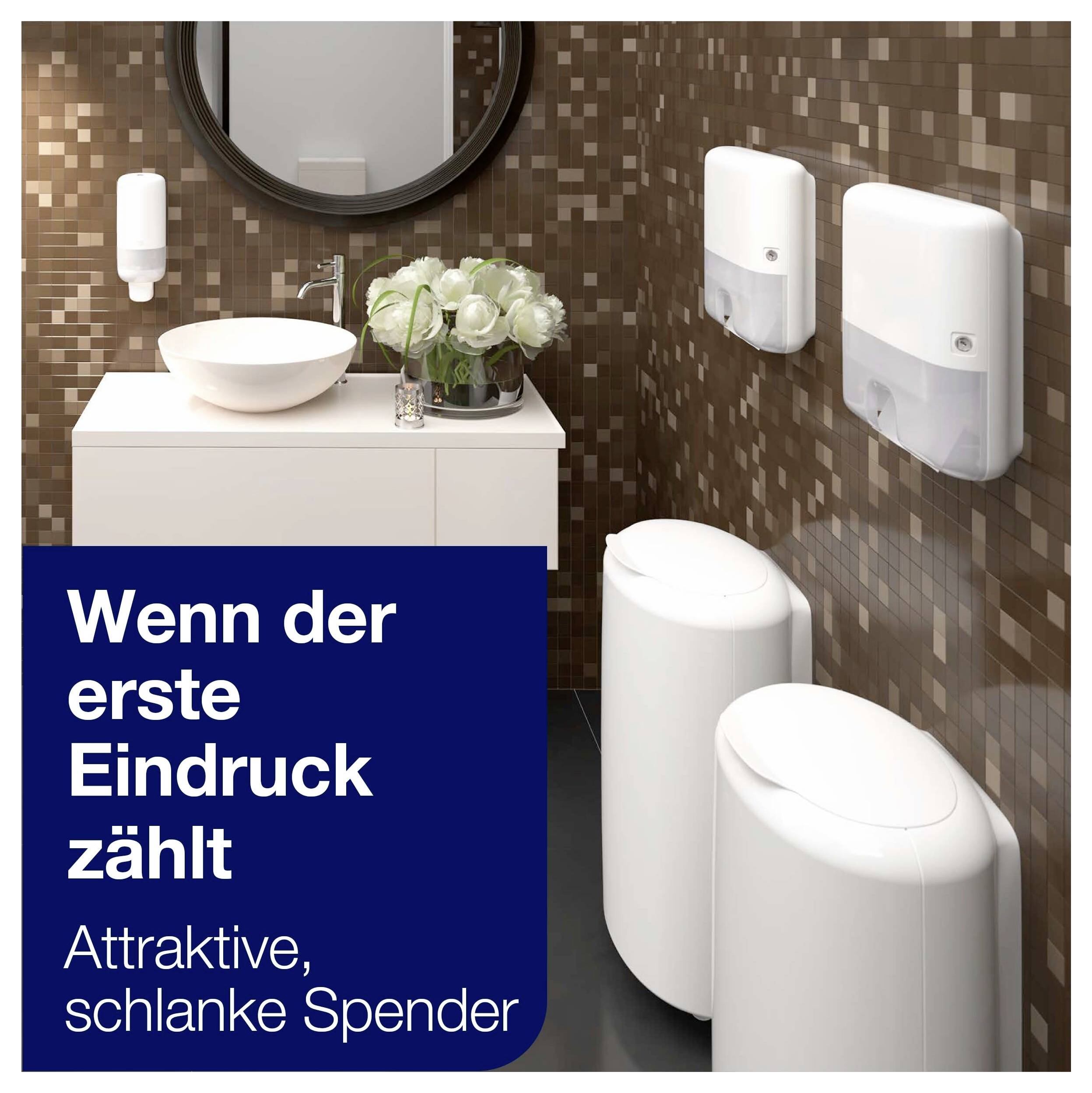 Werbeaufnahme eines modernen Bads mit weißen Spendern; Text: 'Wenn der erste Eindruck zählt' und 'Attraktive, schlanke Spender'.