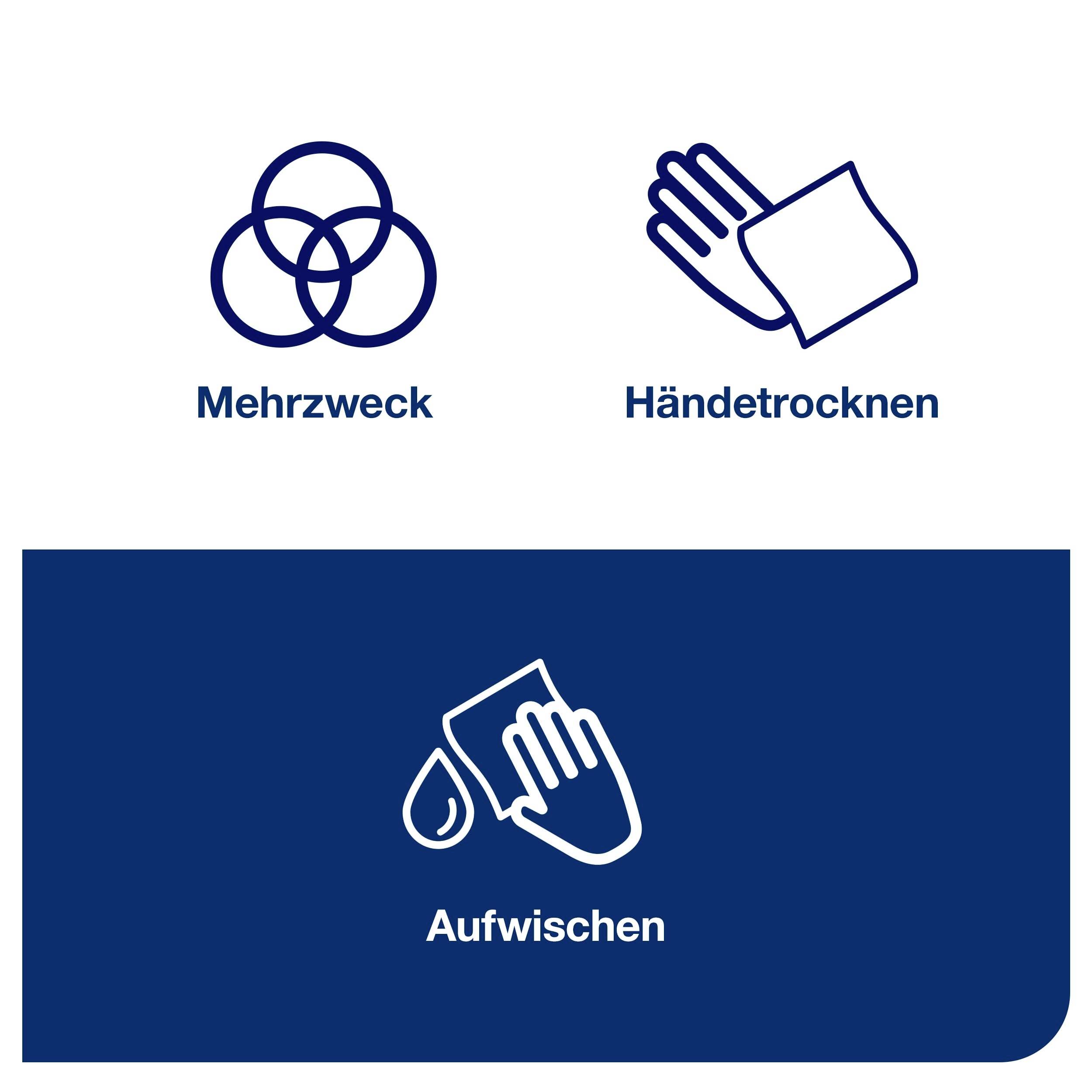 Das Bild zeigt Symbole mit Beschriftungen für 'Mehrzweck', 'Händetrocknen' und 'Aufwischen' jeweils mit passenden blauen Icons.