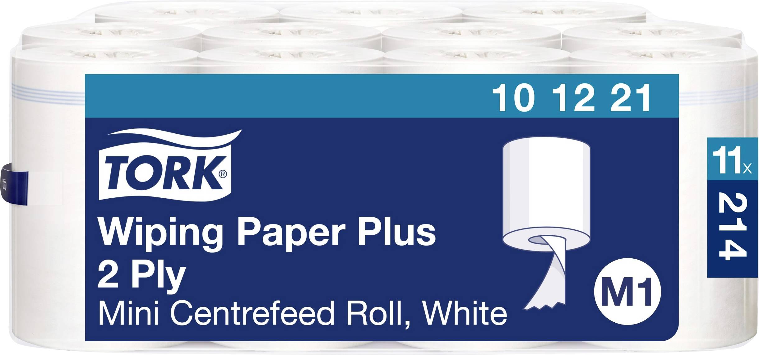 Verpackung mit Tork Wiping Paper Plus, 2-lagig, Mini Centrefeed Rolle in Weiß, M1 System.