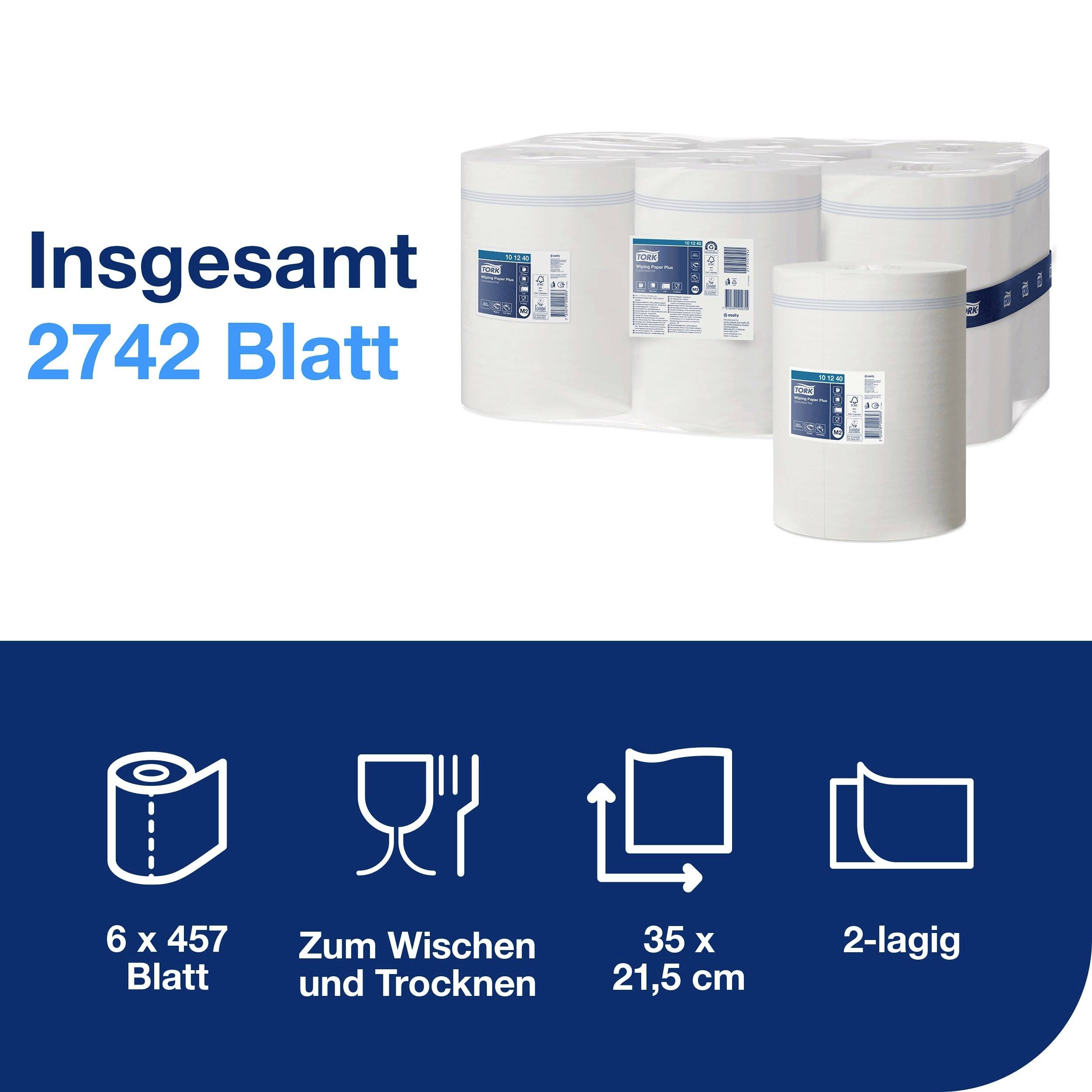 Bild von sechs großen Papierhandtuchrollen mit insgesamt 2742 Blättern. Details: '6 x 457 Blatt', 'Zum Wischen und Trocknen', '35 x 21,5 cm', '2-lagig'.