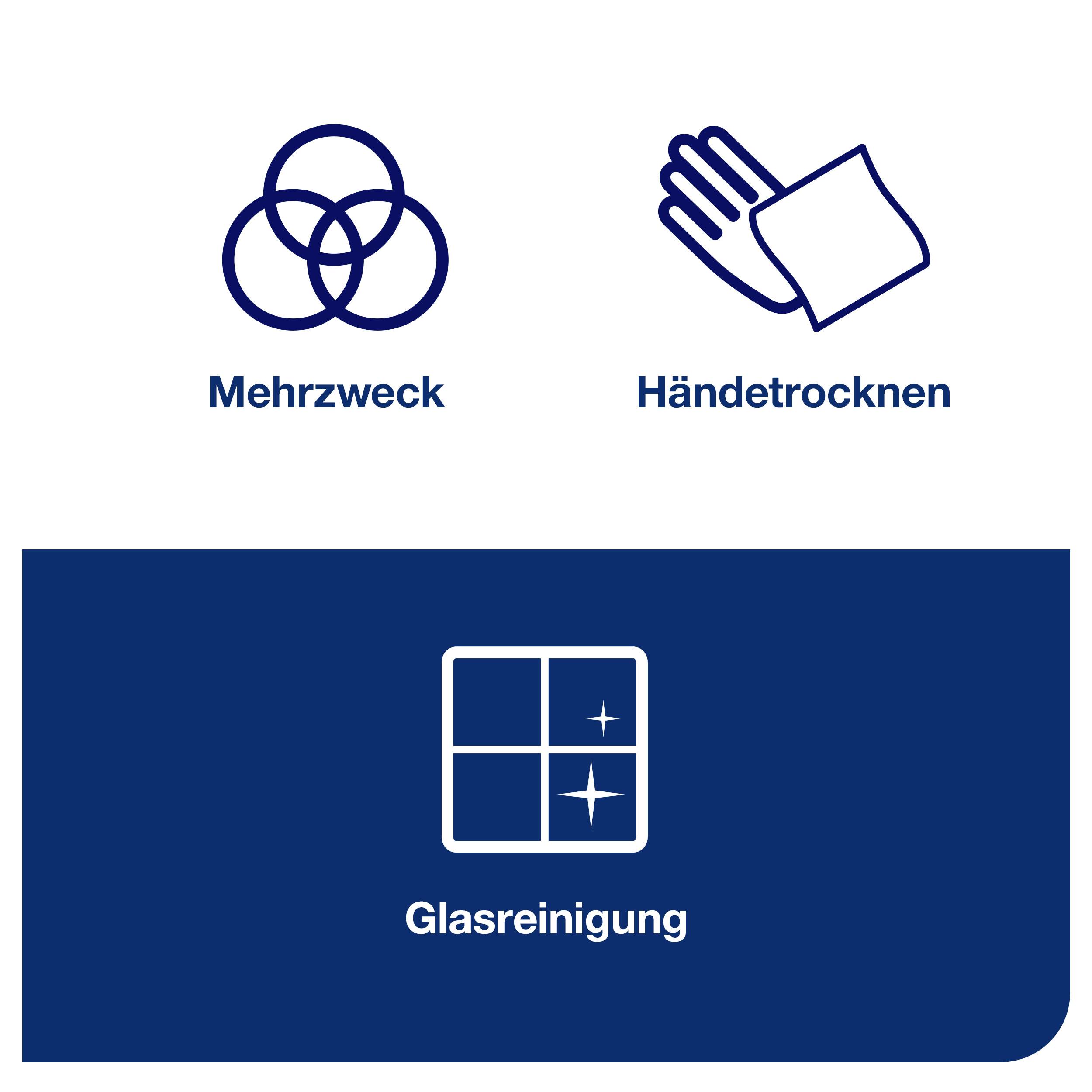 Drei Symbole: 'Mehrzweck' mit drei überlappenden Kreisen, 'Händetrocknen' mit Handtuchabbildung, 'Glasreinigung' mit Fenster-Icon.