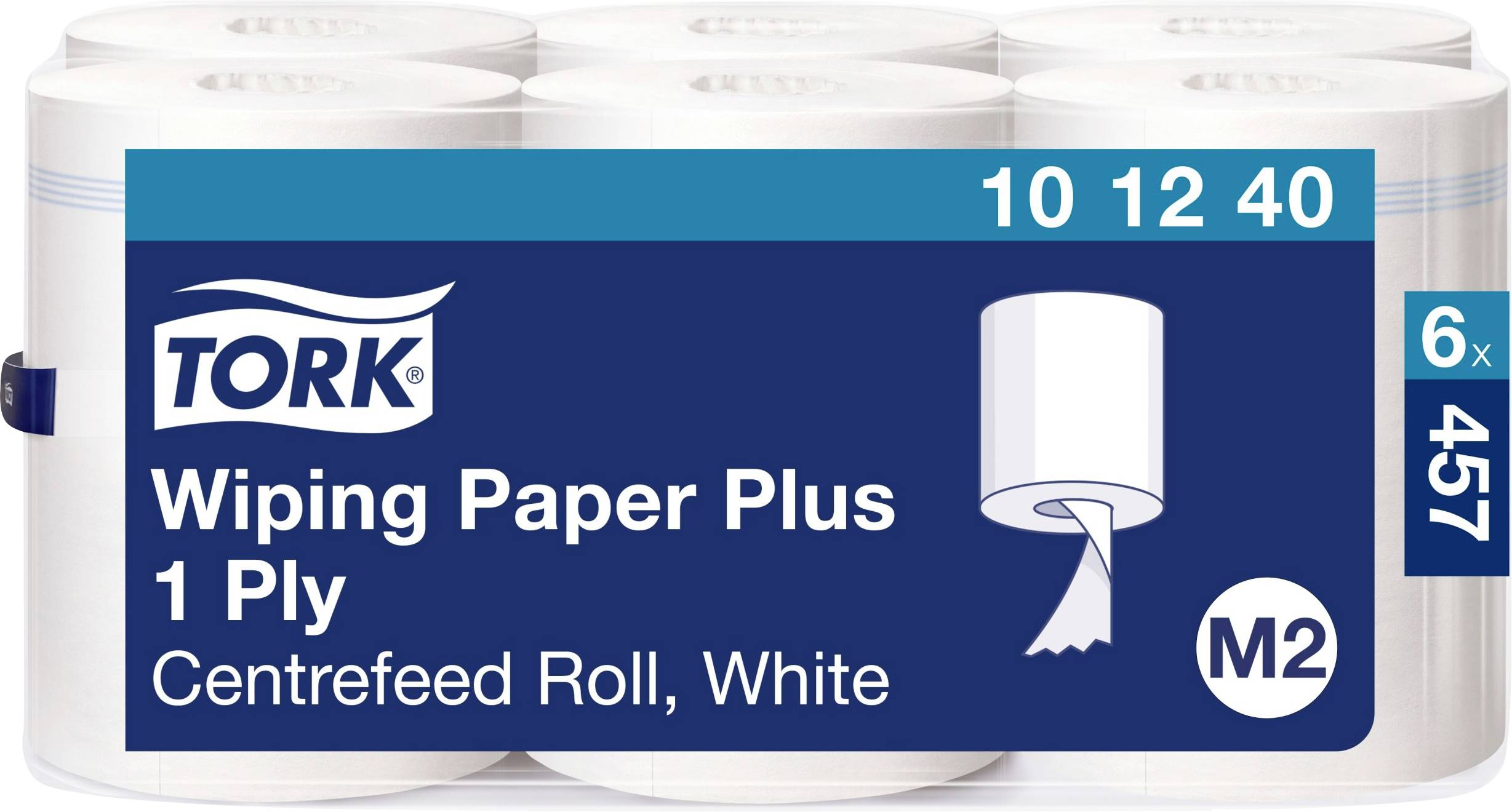 Sechserpack von Tork Wiping Paper Plus, einlagig, zentrierter Rollen, weiß. Verpackung zeigt das Produktbild und Spezifikationen.