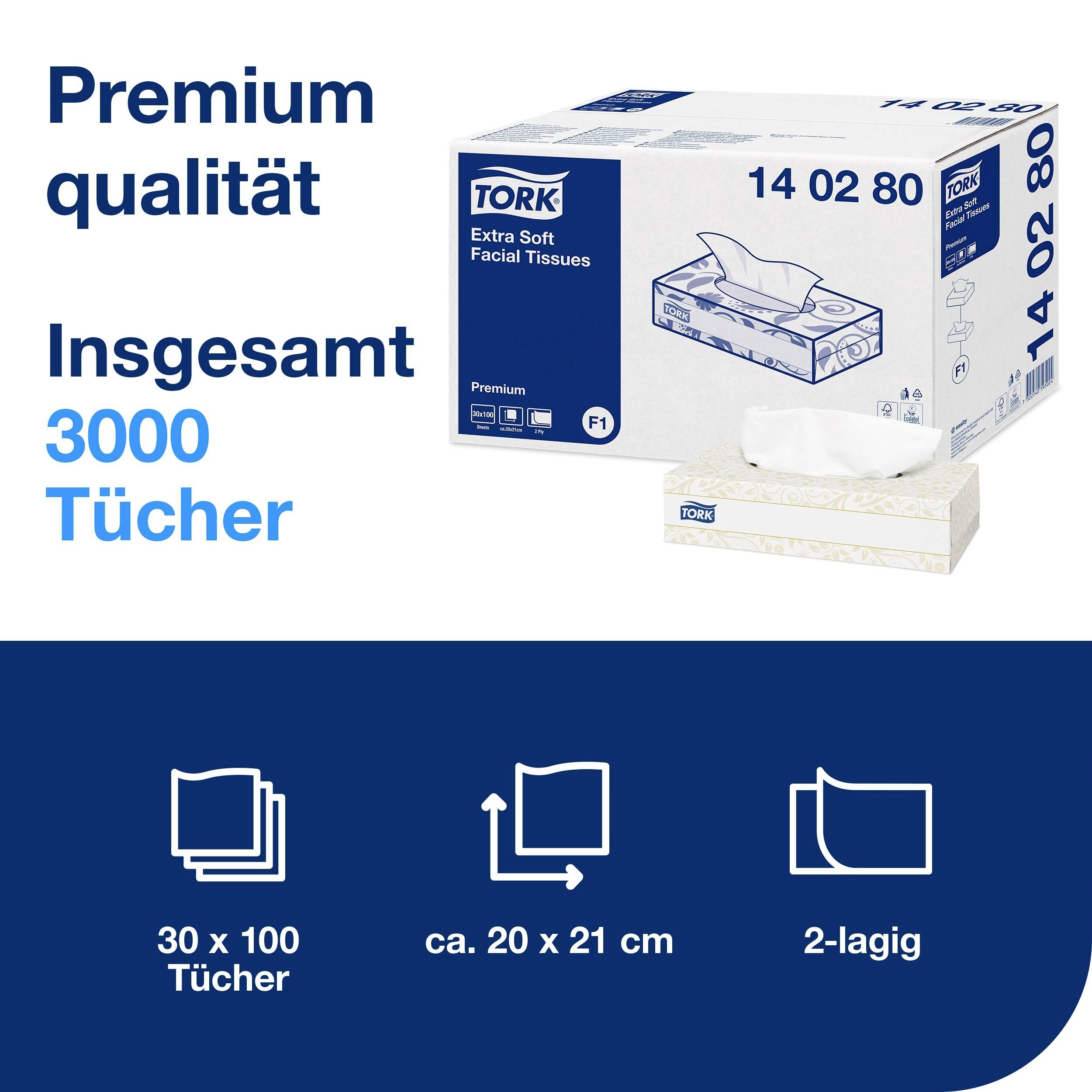 'Premium Qualität' Box Tork Extra Soft Gesichtstücher. Insgesamt 3000 Tücher, 2-lagig, Größe 20x21 cm. 30x100 Tücher pro Box.
