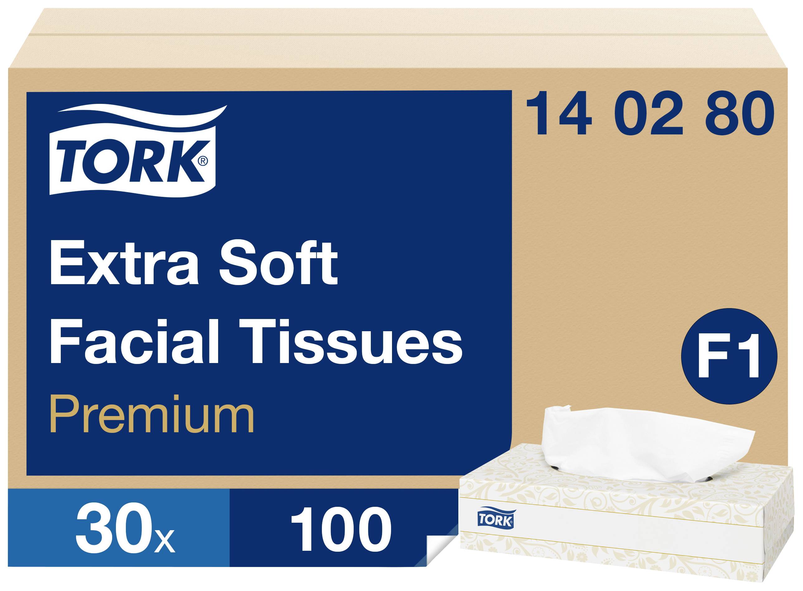 Verpackung mit der Aufschrift 'Tork Extra Soft Facial Tissues Premium, 30x100'. Beinhaltet weiche Taschentücher.
