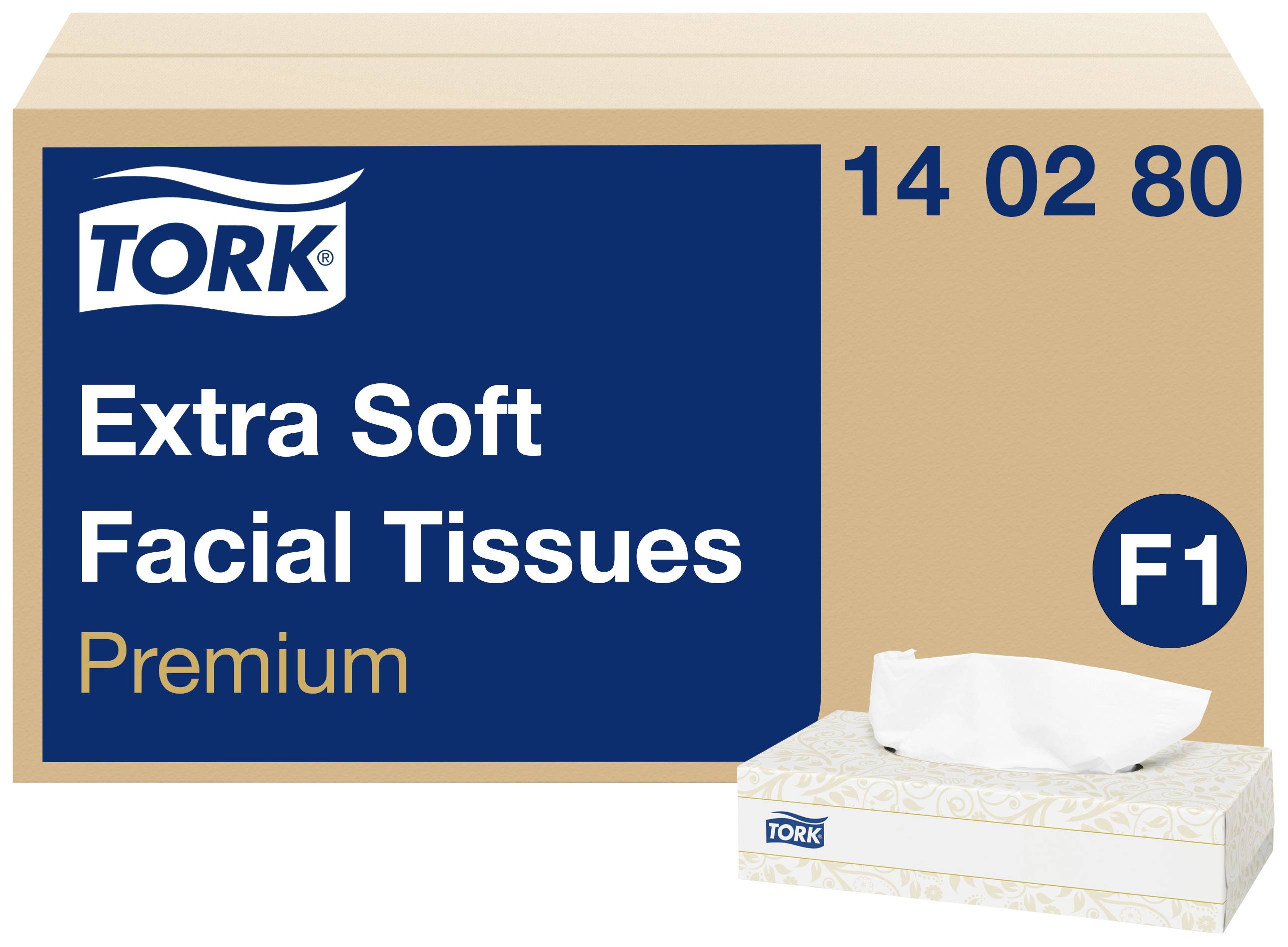 Kartonschachtel mit der Aufschrift 'Tork Extra Soft Facial Tissues Premium'. Zeigt eine Tücherbox unten rechts.