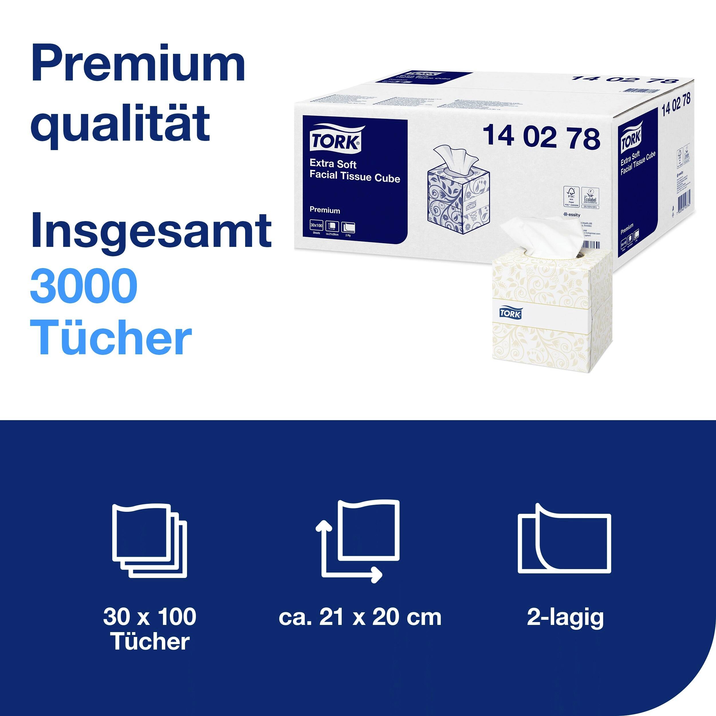 Eine Packung Tork Extra Soft Gesichtstücher mit 3000 Tüchern, 2-lagig, Größe ca. 21 x 20 cm. Hinweis auf Premiumqualität.