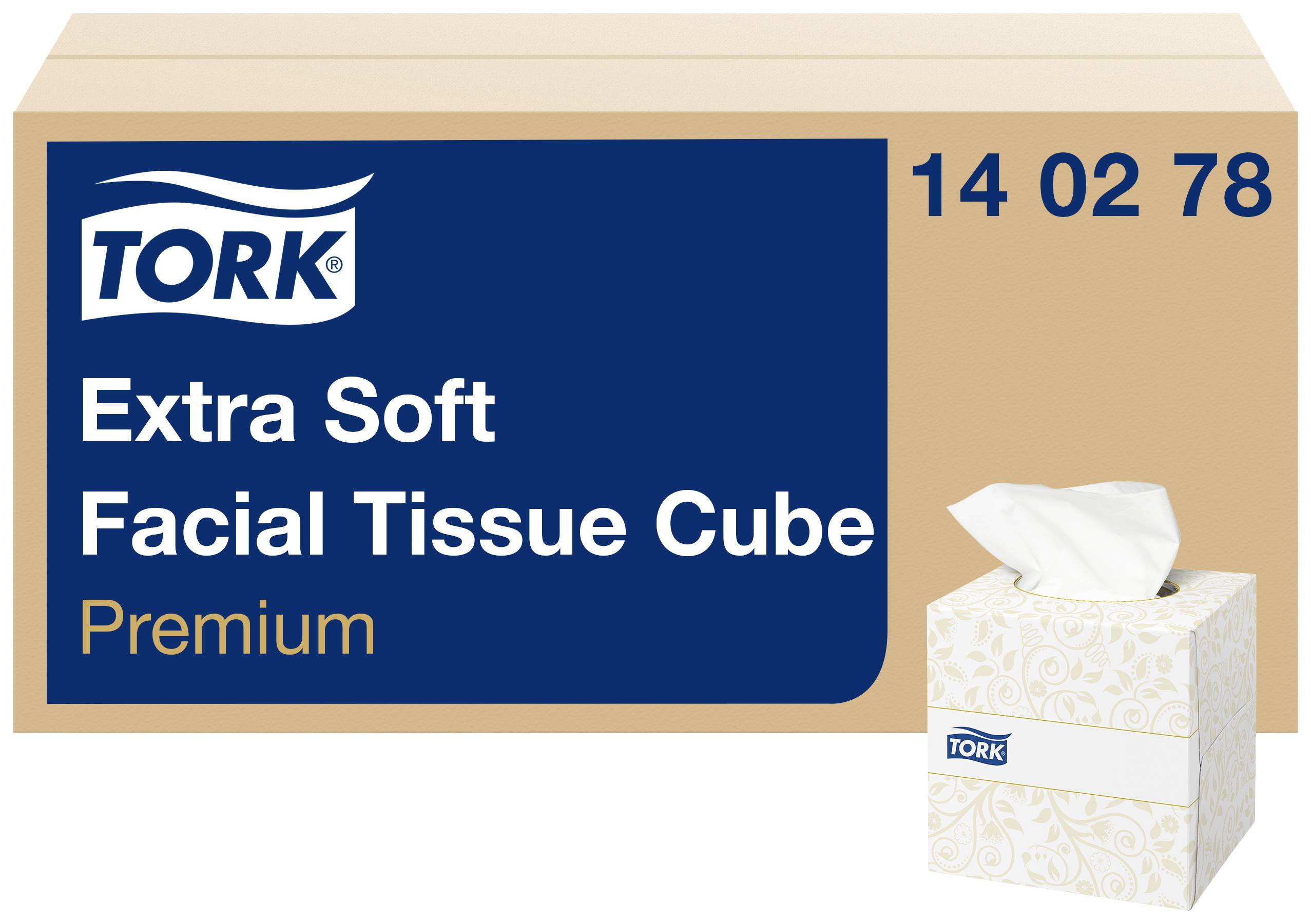 'Karton mit Tork Extra Soft Facial Tissue Cube Premium' und abgebildeter Taschentuchwürfel.
