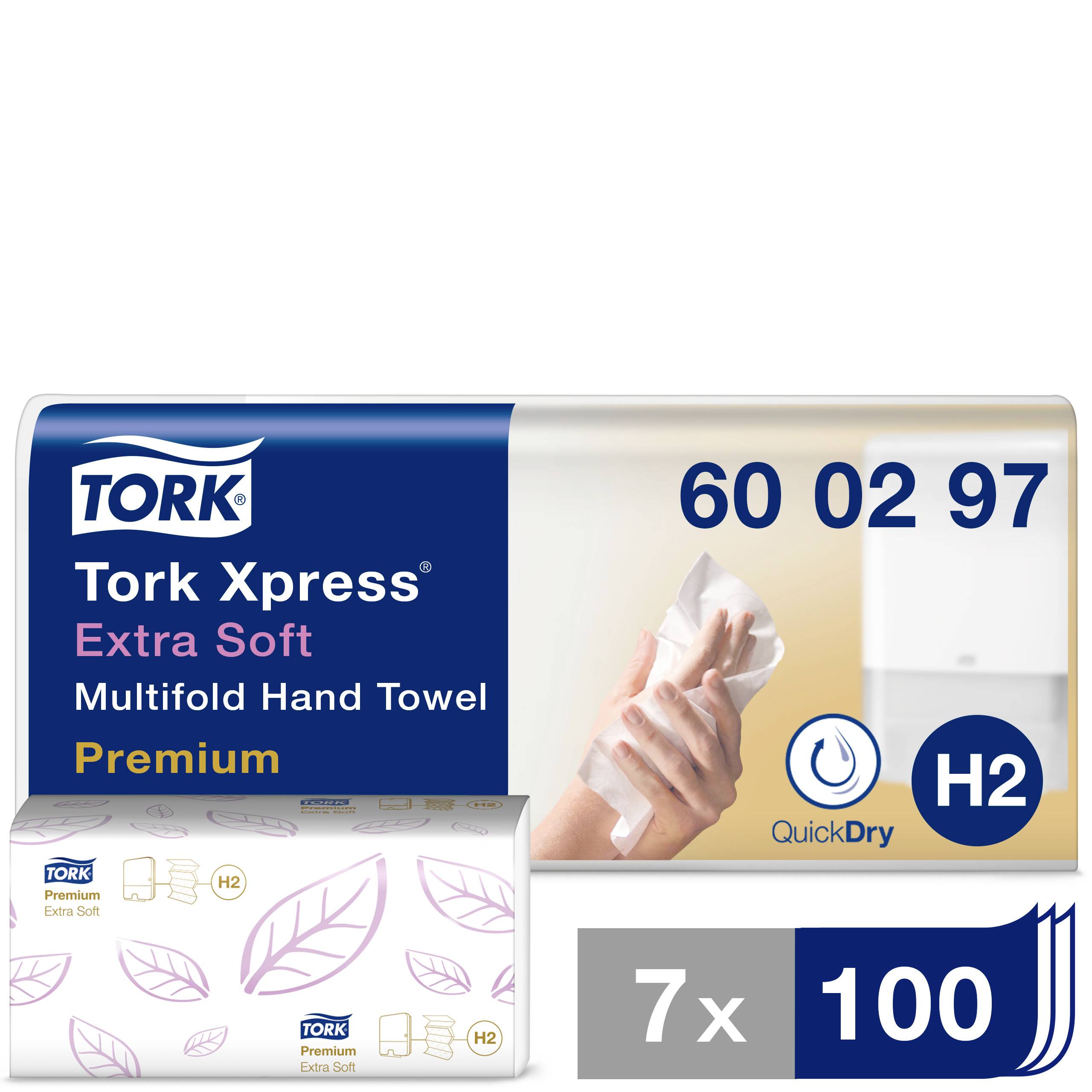 Tork Xpress Extra Soft Falthandtücher, Premiumqualität, QuickDry-Technologie, 7 Pakete mit je 100 Tüchern, Bestellnummer 60 02 97.