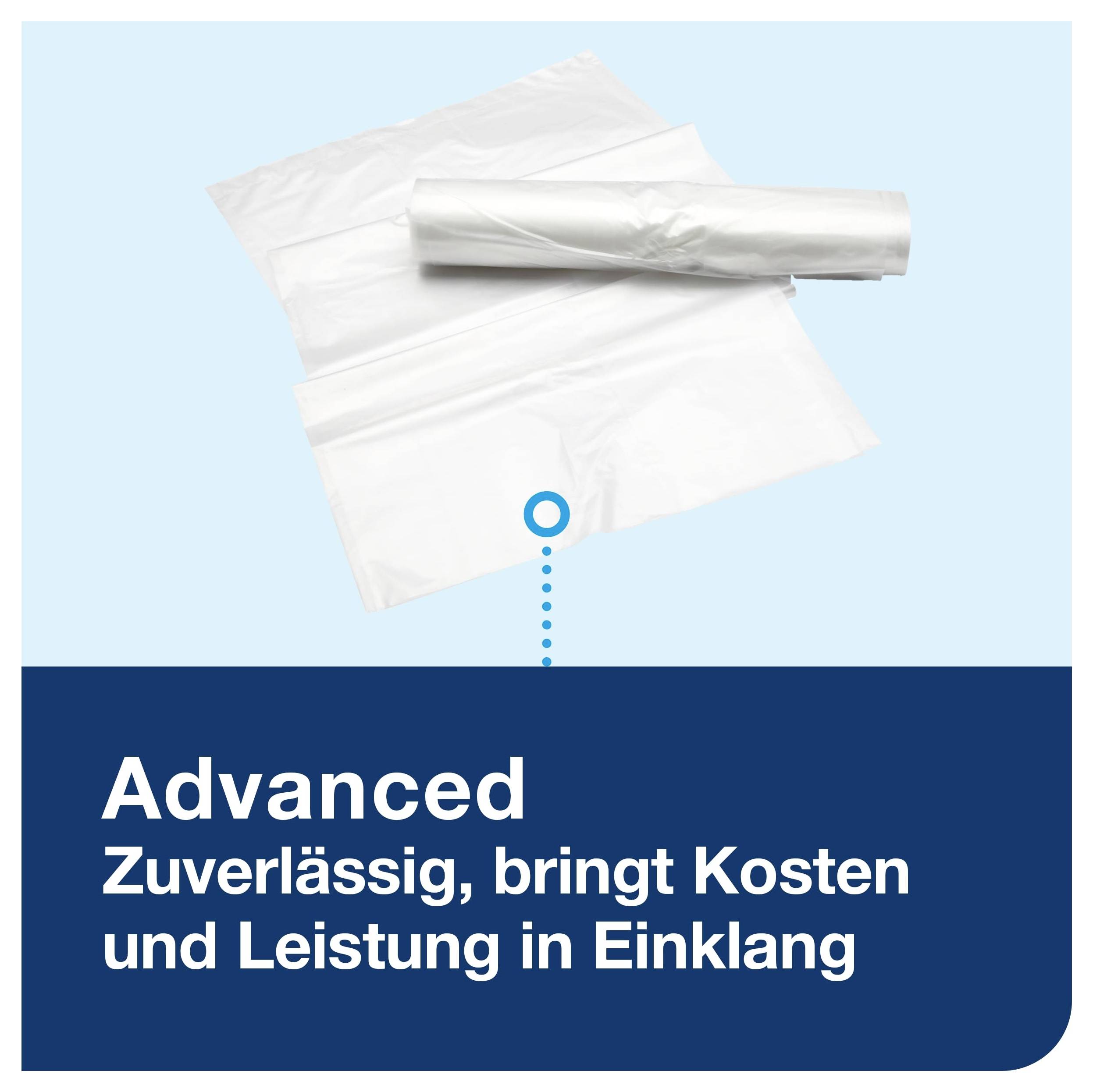Werbegrafik für Folienmaterial mit weißem Kunststoff; darunter der Text 'Advanced – Zuverlässig, bringt Kosten und Leistung in Einklang'.