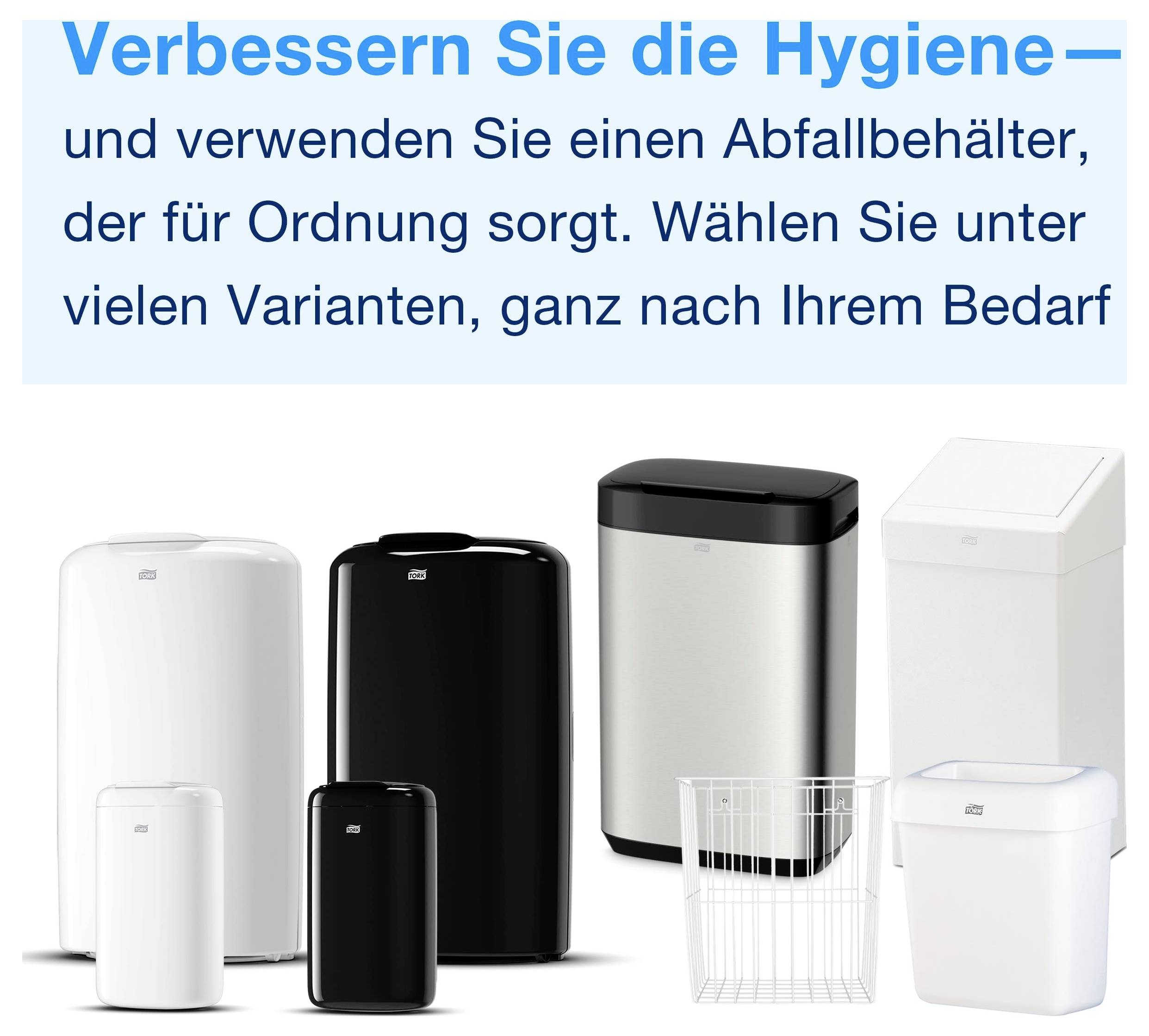 Werbung für Abfallbehälter: Text 'Verbessern Sie die Hygiene' und mehrere Mülleimer in Weiß, Schwarz und Silber in verschiedenen Größen und Formen.