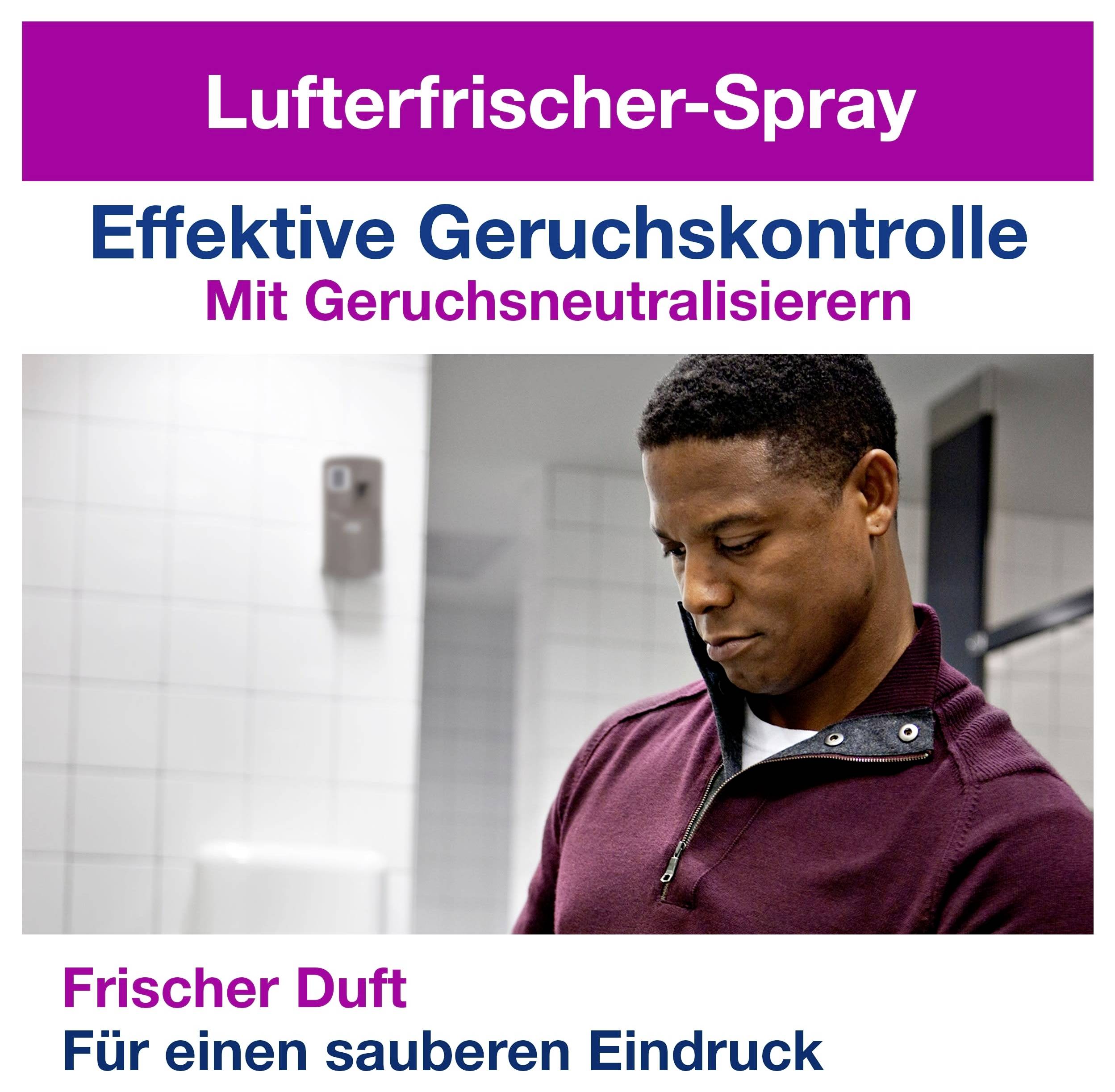 Werbung für Lufterfrischer-Spray: Mann im Bad, dazu Text 'Effektive Geruchskontrolle' und 'Frischer Duft für einen sauberen Eindruck'.