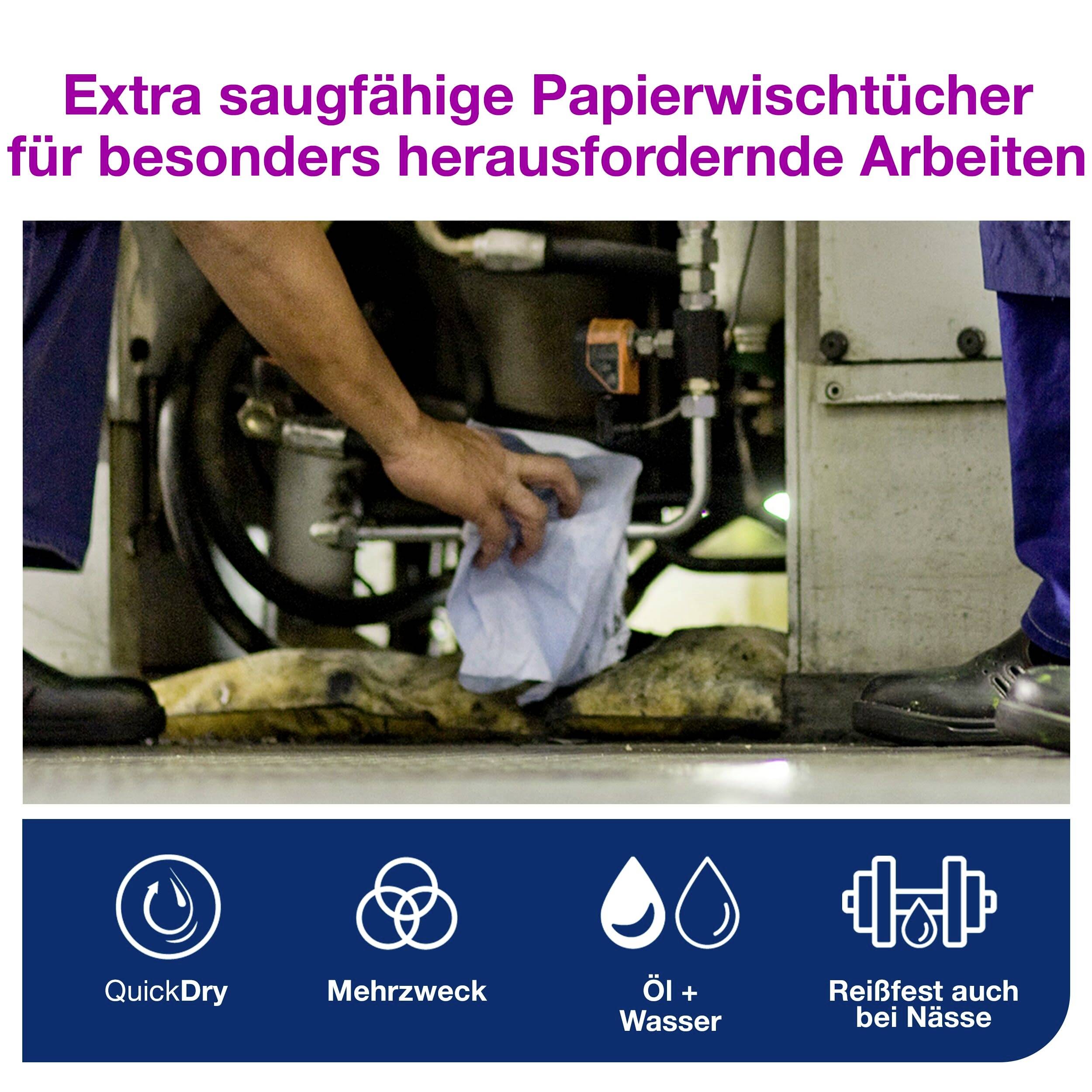 Eine Person wischt mit einem Papiertuch unter einer Maschine. Das Tuch ist extra saugfähig und vielseitig einsetzbar, auch bei Nässe reißfest.