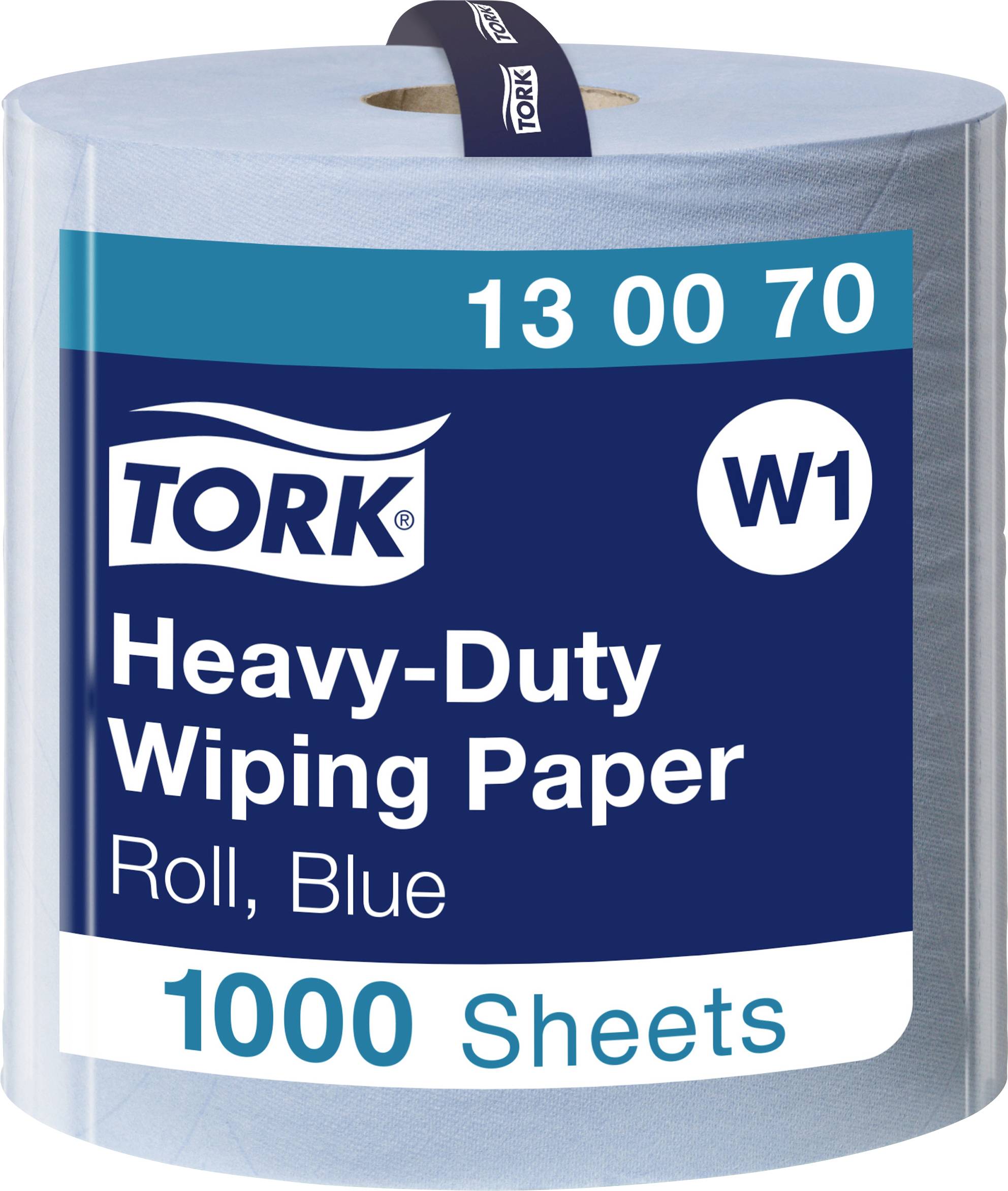 Eine Rolle blaues, strapazierfähiges Tork-Wischtuch. Aufschrift auf der Verpackung: 'Heavy-Duty Wiping Paper, Roll, Blue, 1000 Sheets, W1, 13 00 70'.