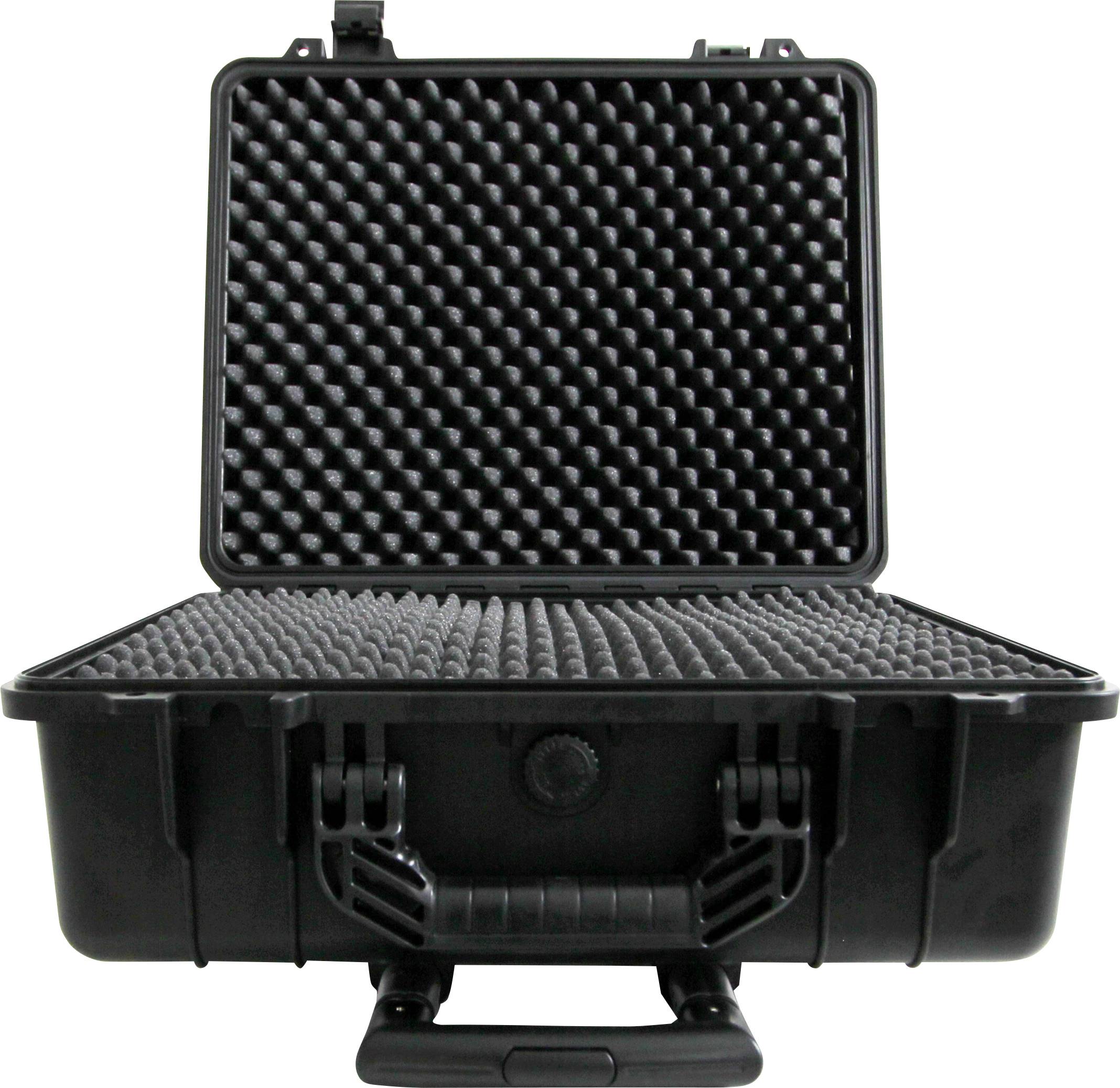 Ein schwarzer Hartschalenkoffer mit strukturierter Schaumstoffauskleidung, geöffnet, um seine schützende Polsterung zu zeigen. Geeignet für den Transport empfindlicher Gegenstände.