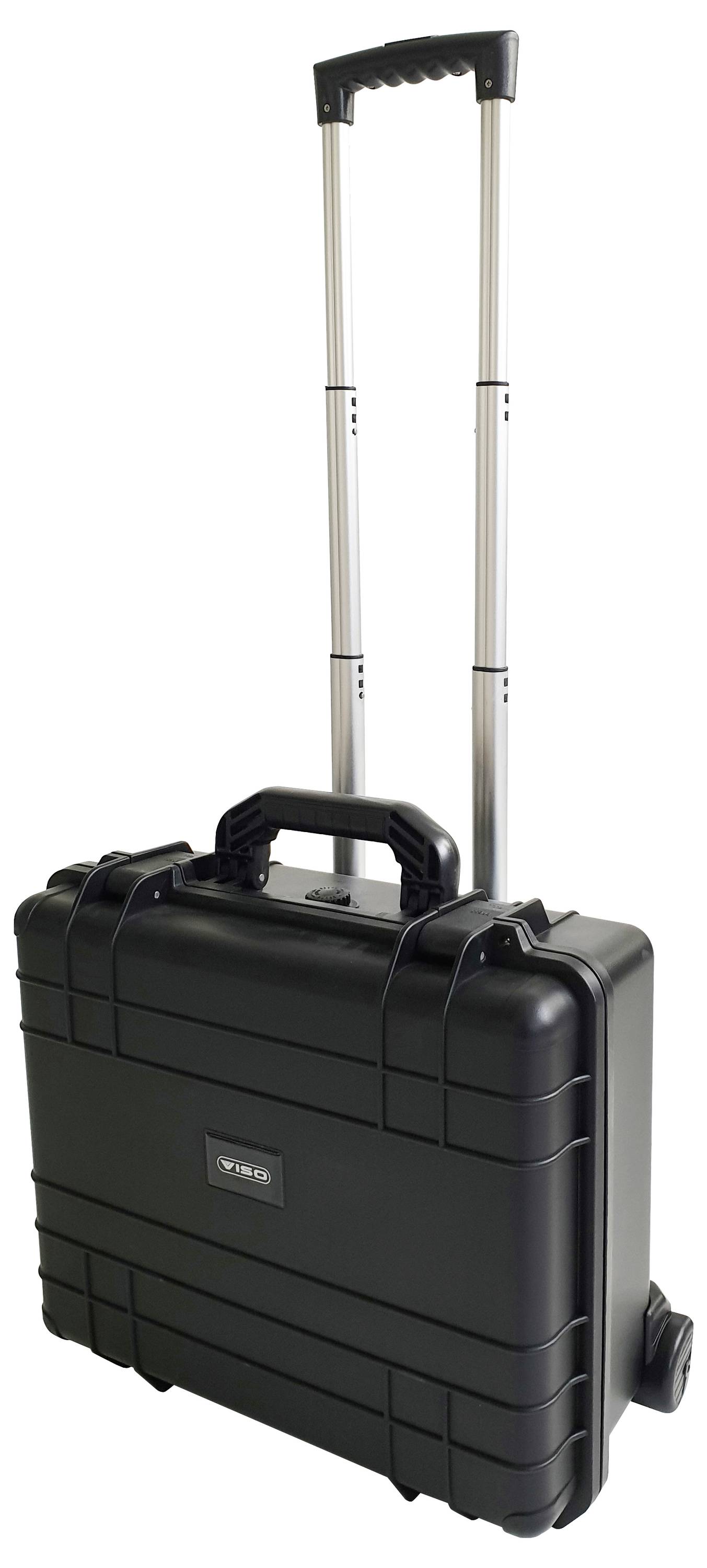 Ein schwarzer Hartschalenkoffer mit ausziehbarem Teleskopgriff, entwickelt für sichere Beförderung von Ausrüstung oder persönlichen Gegenständen.