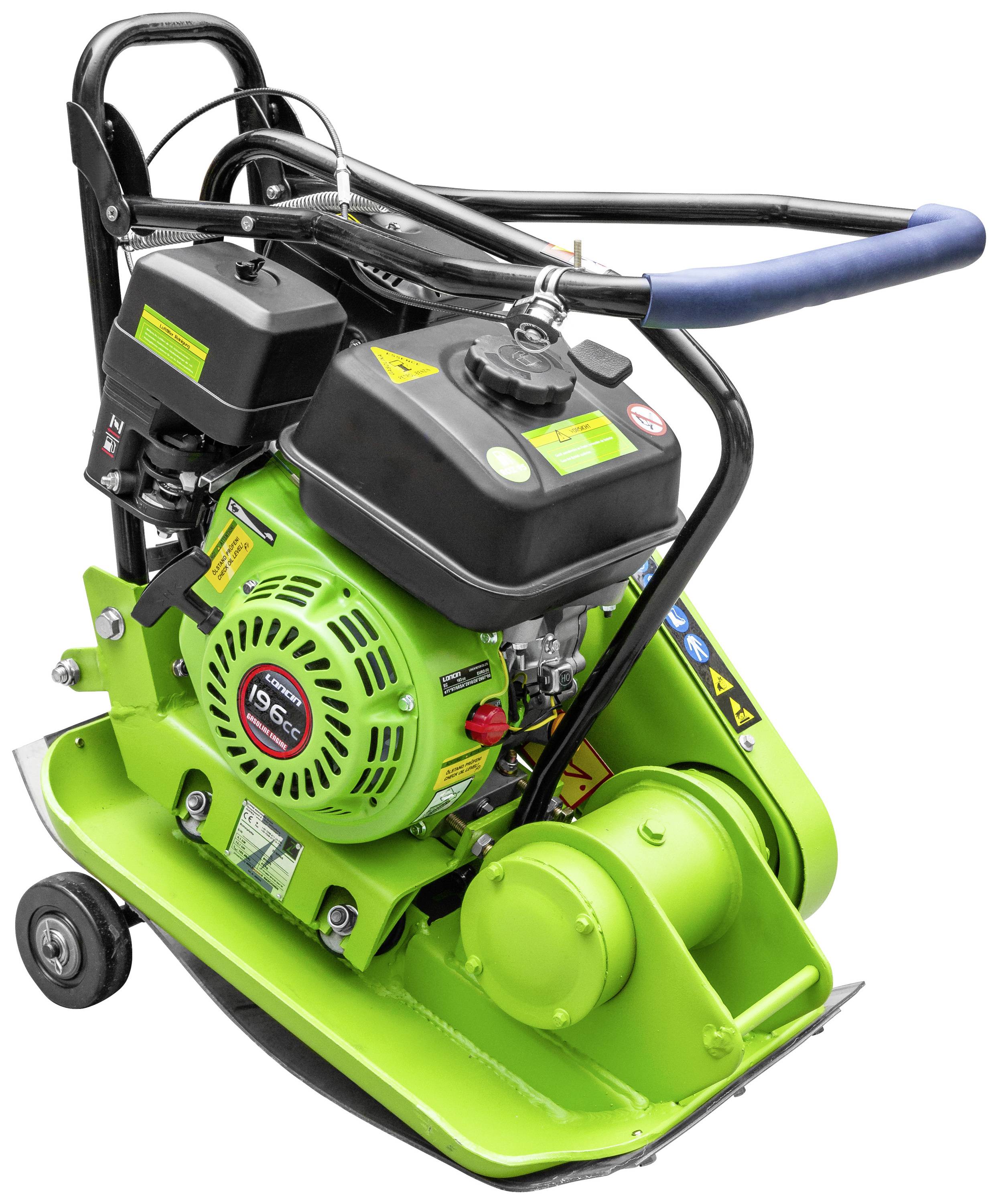 Grüne Vibrationsplatte mit schwarzem Motor und blauen Griffen, hauptsächlich zum Verdichten von Erd- und Asphaltflächen verwendet.
