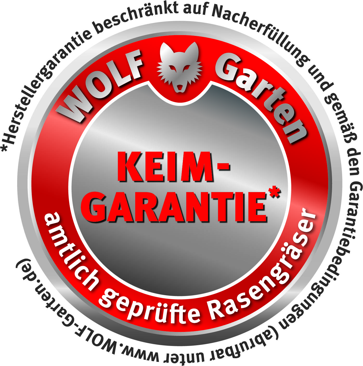 'WOLF Garten KEIM-GARANTIE' zeigt ein Siegel mit einem Wolf-Logo, umgeben von Text über eine Keimgarantie für Rasengräser.