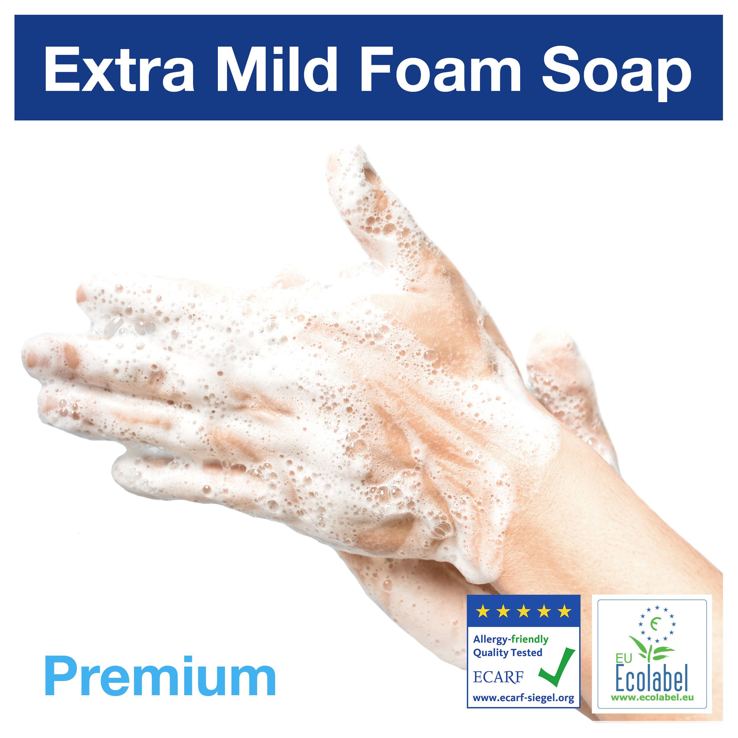Zwei Hände, eingeseift mit Schaum. Oben steht: 'Extra Mild Foam Soap'. Unten links: 'Premium'. Zwei Zertifikatslogos unten rechts.