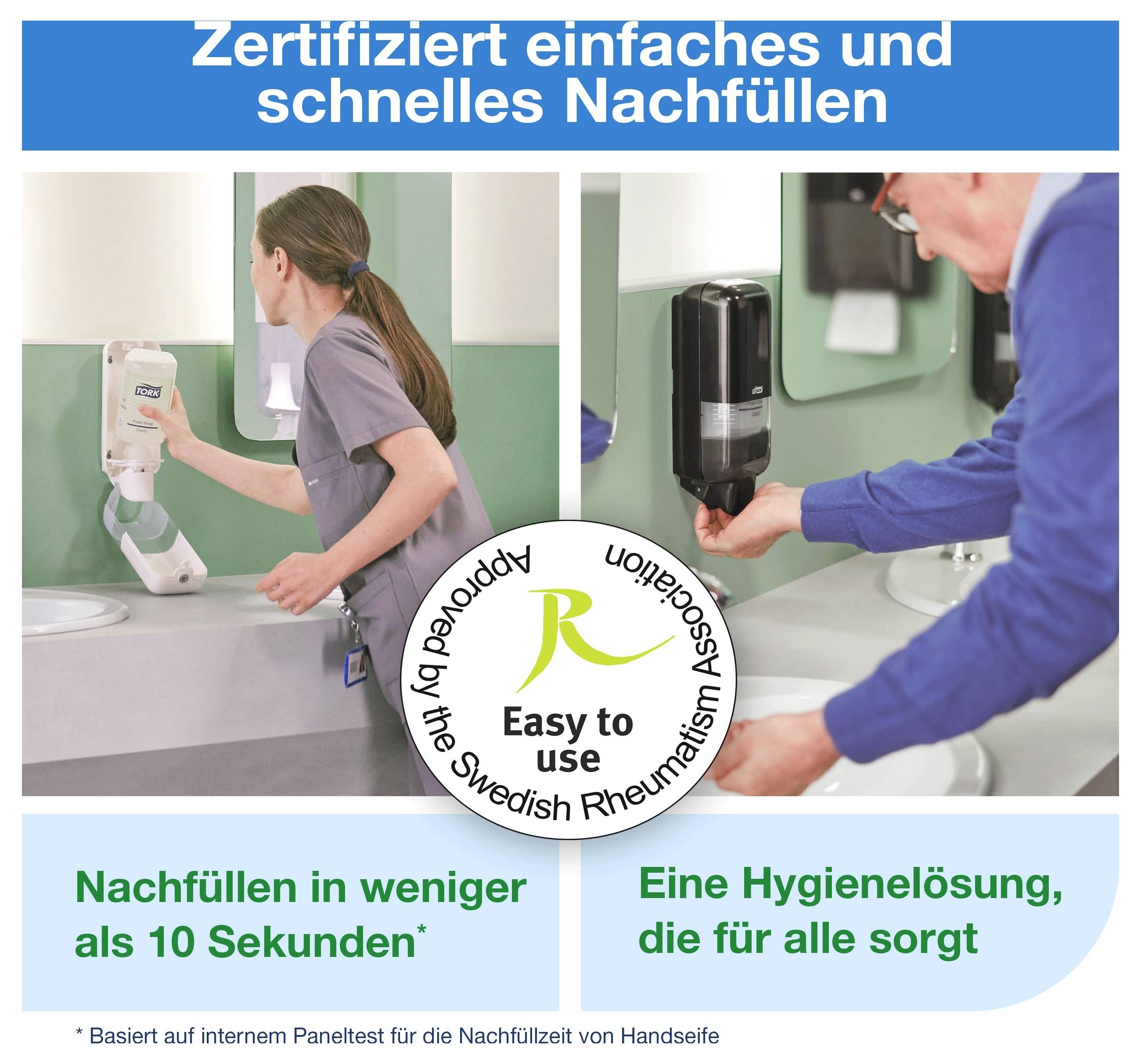 Werbung für einfaches, schnelles Nachfüllen von Seifenspendern; zwei Personen füllen Spender an Waschbecken nach, mit Siegel 'Easy to use' und Hinweisen zu Hygiene und Nachfüllen in weniger als 10 Sekunden.