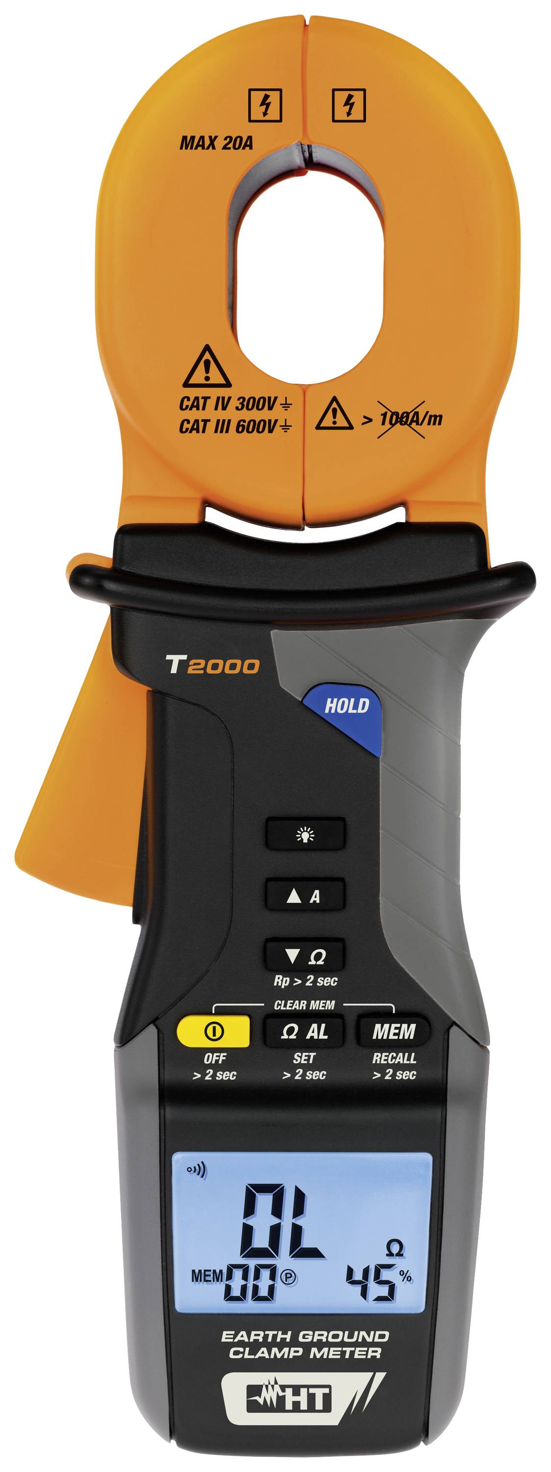 Digitales Erdungsmessgerät mit Zange und Display, zeigt 45Ω. Geeignet für CAT IV 600V. Orangefarbene Zange für Messen ohne Kontakt.
