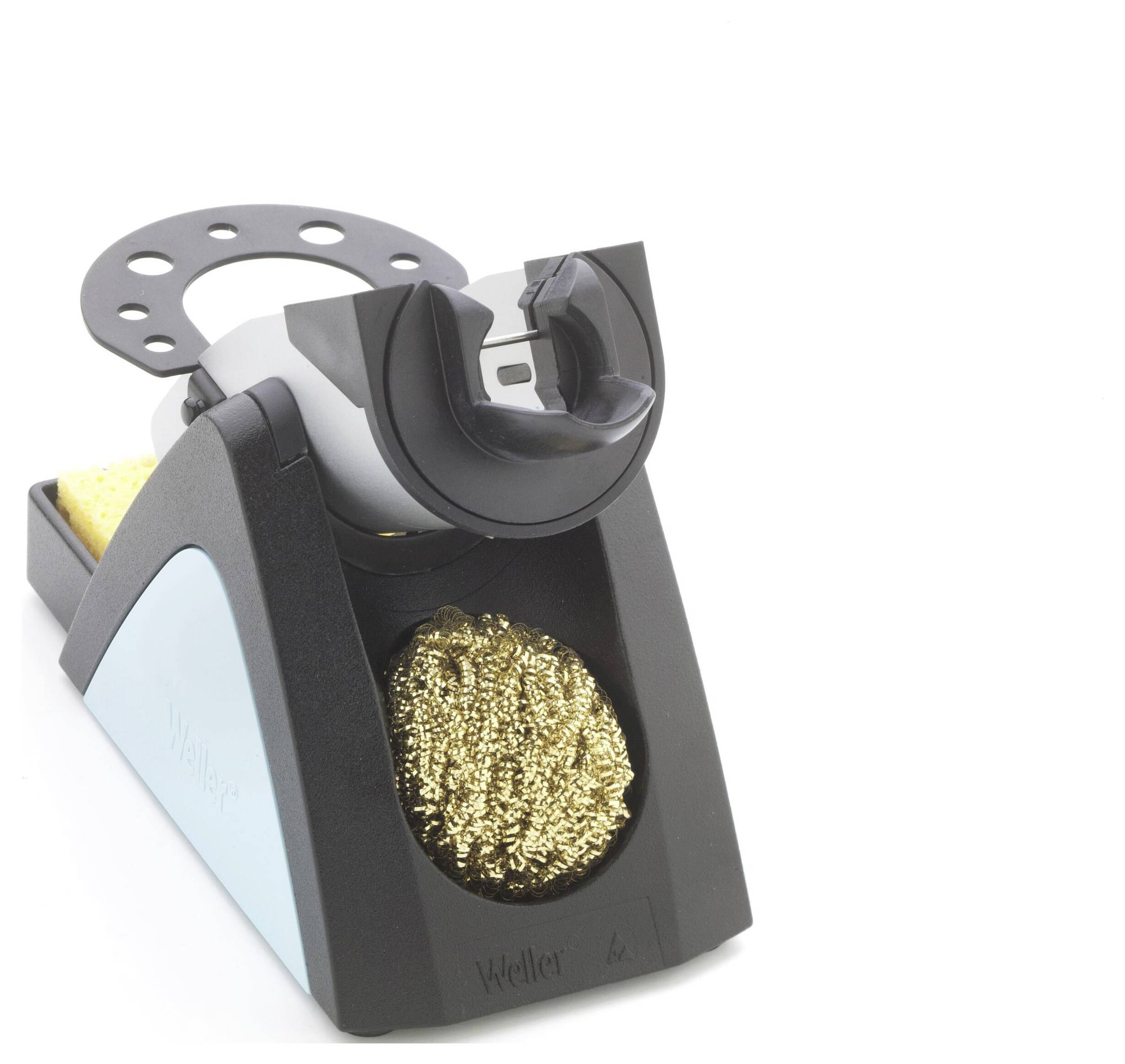 Lötkolbenständer mit blauem Sockel, einer kreisförmigen Halterung oben und einem Fach mit Messingwolle zum Reinigen von Lötkolbenspitzen.