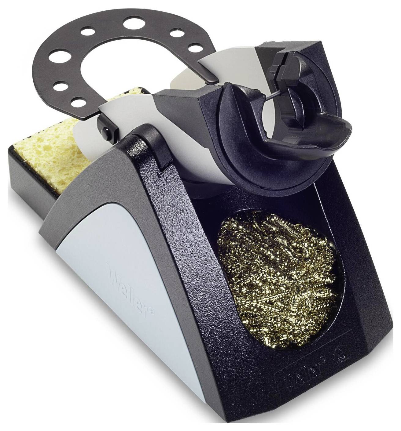 Lötkolbenhalter mit Schwamm und Drahtbürste zum Reinigen von Spitzen.