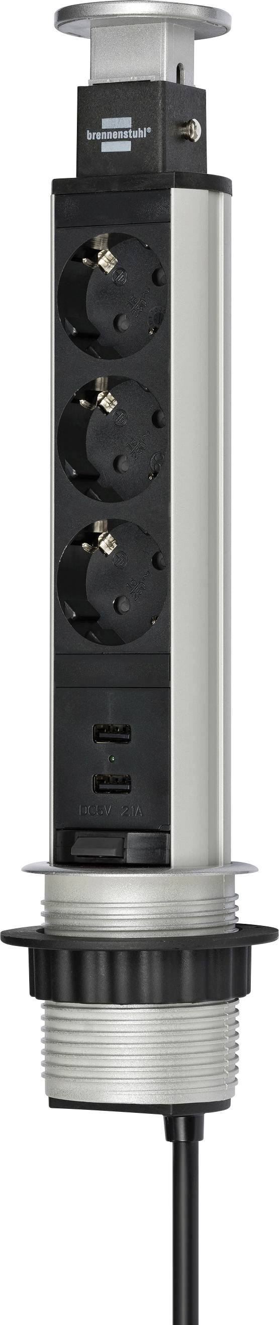 Vertikaler einziehbarer Stromverteilungsturm mit drei runden Wechselstromsteckdosen, zwei USB-Anschlüssen und schwarzem Netzkabel, ausgefahren von einer Arbeitsplattenmontage.