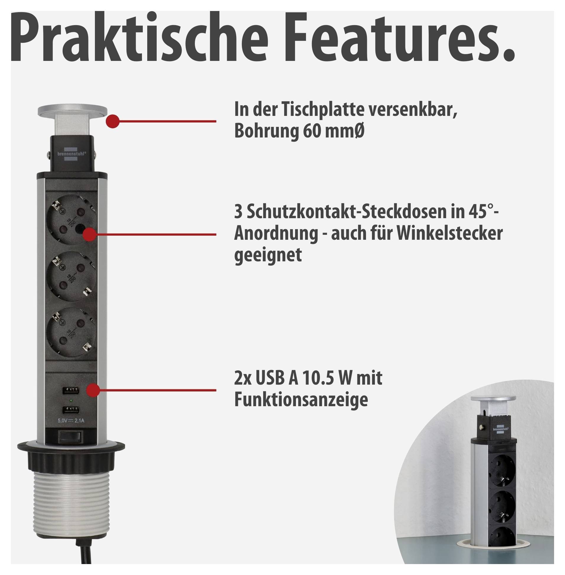 Versenkbare Tischsteckdose mit 3 Schutzkontakt-Steckdosen und 2 USB-A-Anschlüssen; Bohrung 60 mm, Funktionsanzeige, auch für Winkelstecker geeignet.