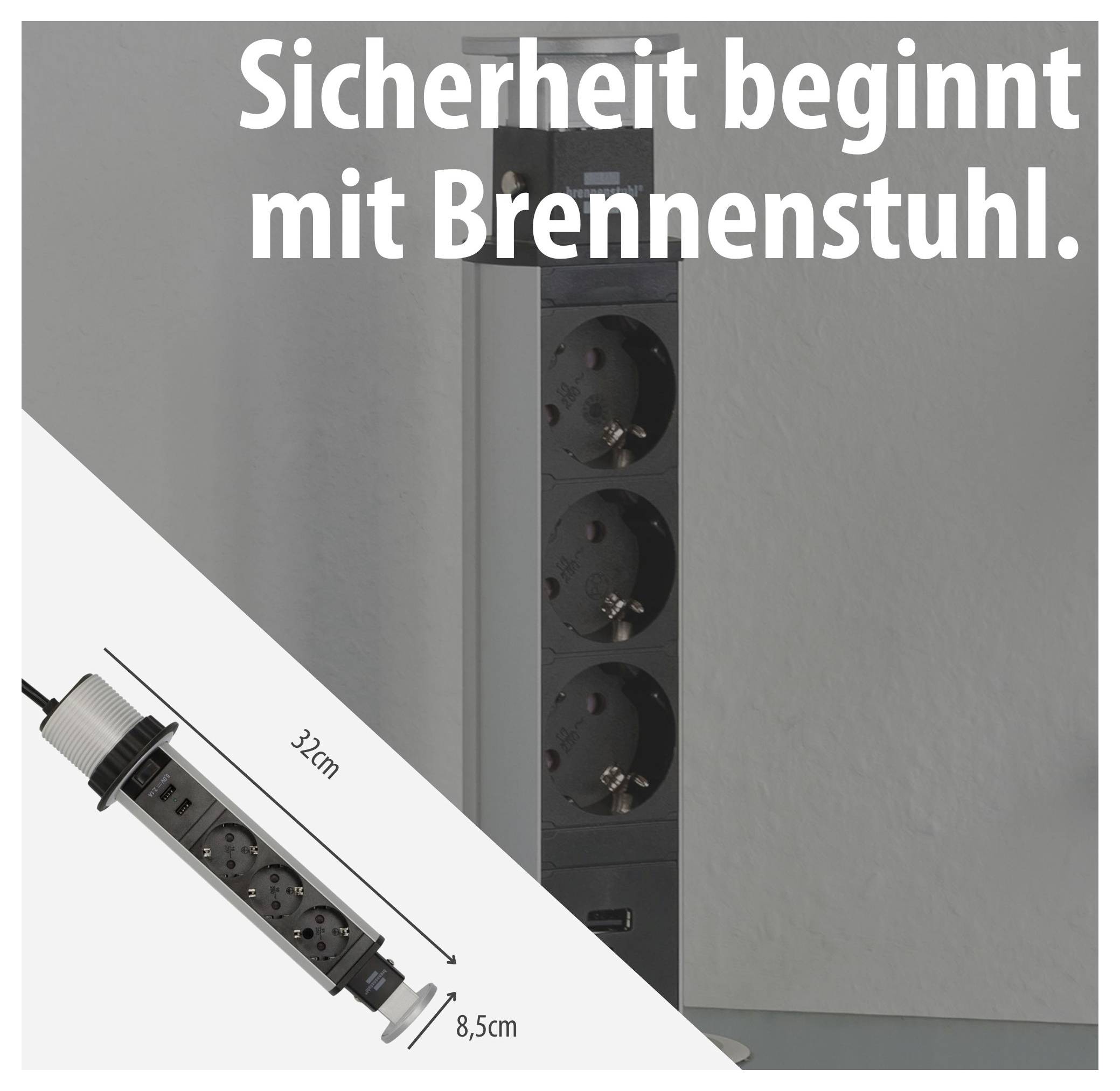 Werbegrafik für Brennenstuhl-Steckdosenleiste: vertikale Mehrfachsteckdose an der Wand, unten schräg mit Maßangaben 32 cm und 8,5 cm; Text 'Sicherheit beginnt mit Brennenstuhl.'