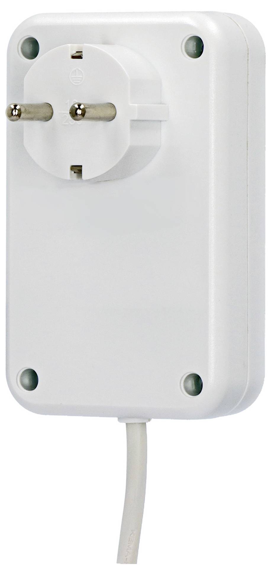 Weißer Stecker-Stromadapter mit zwei Metallstiften und angefügtem Kabel, Vorderansicht auf einfachem Hintergrund.