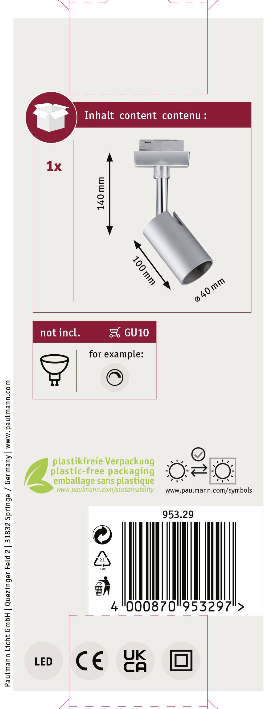 Paulmann Pure I Hochvolt-Schienensystem-Leuchte URail GU10 10W LED Chrom (matt), Chrom
