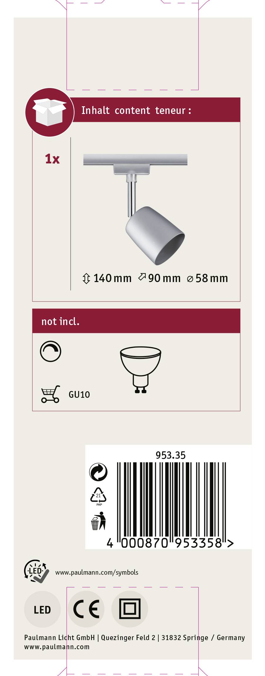 Paulmann Cover Hochvolt-Schienensystem-Leuchte URail GU10 10W LED Chrom (matt), Chrom