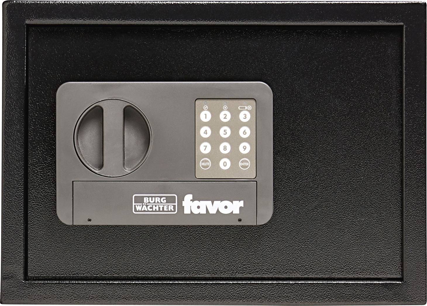Ein schwarzer Tresor mit digitalem Tastenschloss und Drehgriff auf der Vorderseite, beschriftet mit 'Burg Wächter' und 'favor'.