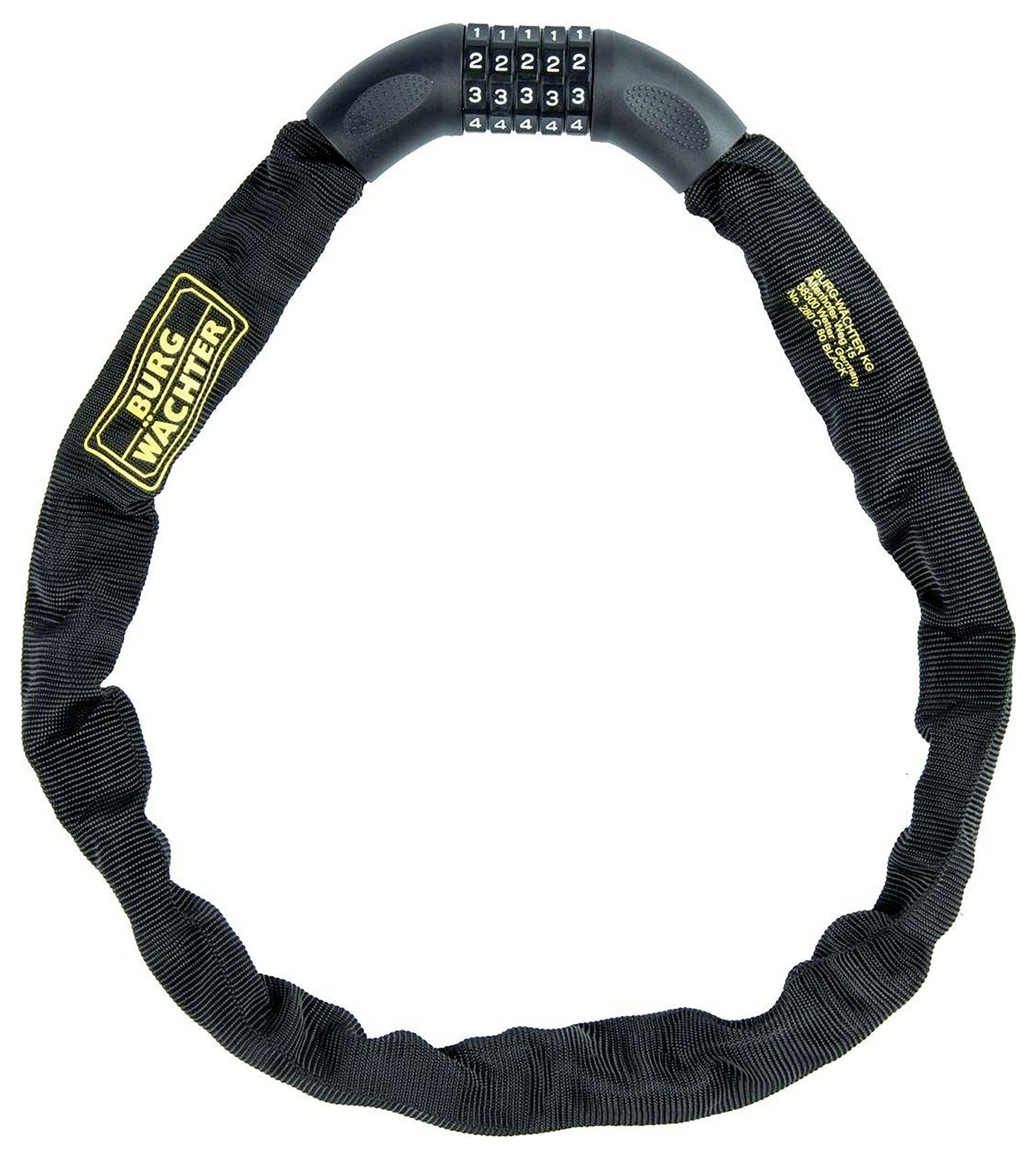 Schwarzes Fahrradschloss mit Zahlenkombination, Marke Burg-Wächter. Zahlenkombination auf '2222' eingestellt. Sicherheitsmerkmal zur Diebstahlsicherung.