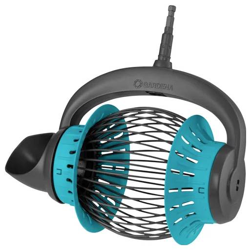 Ein handbetriebener Rasenbelüfter mit türkisfarbenen rotierenden Klingen und schwarzem Griff für einfaches Handling. Entwickelt zur Wartung von Gartenböden.